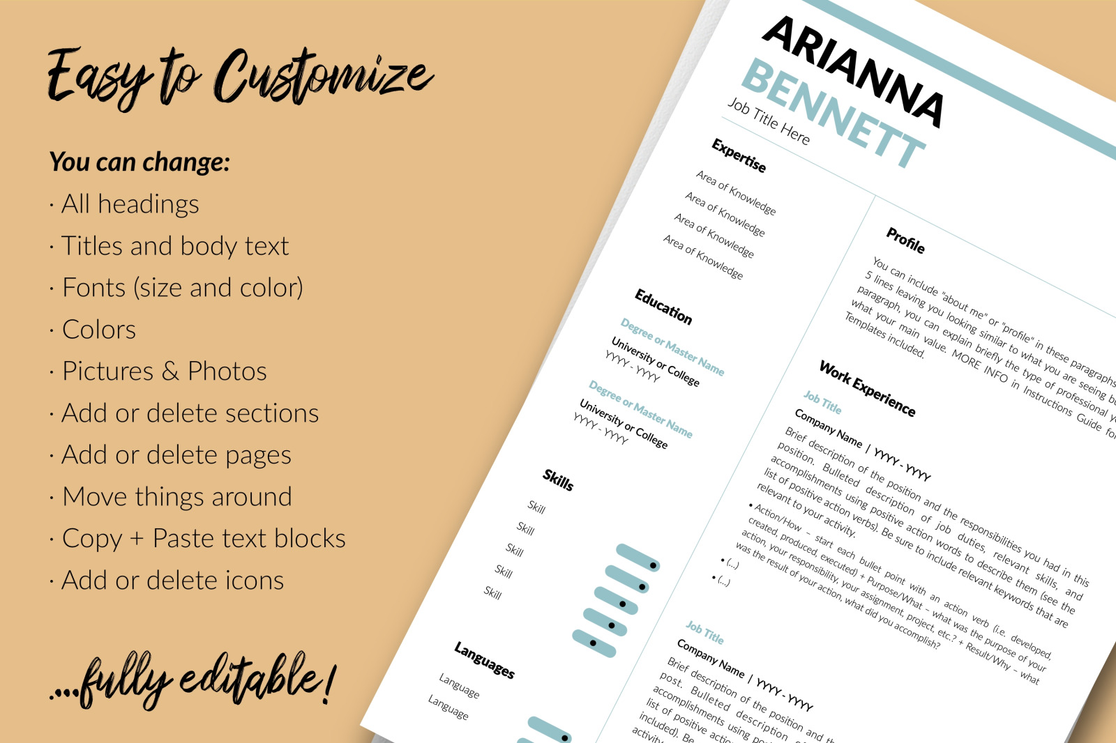 Simple Resume Template for Microsoft Word &amp; Apple Pages // Arianna Bennett CV Design Template