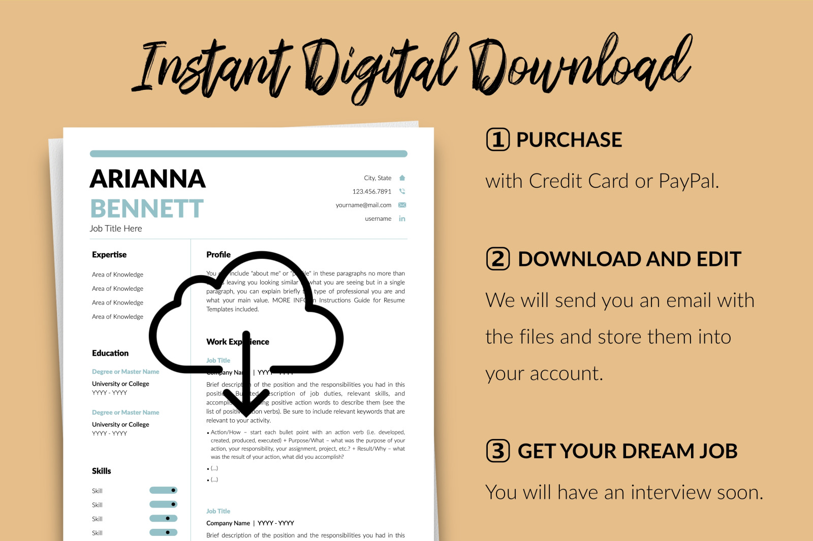 Simple Resume Template for Microsoft Word &amp; Apple Pages // Arianna Bennett CV Design Template