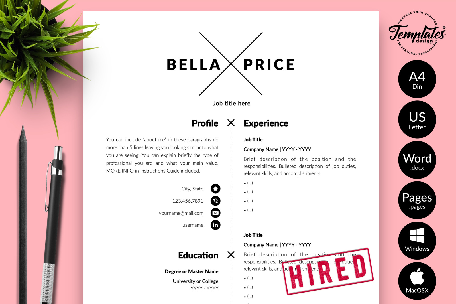 Simple Resume Template for Microsoft Word &amp; Apple Pages // Bella Price CV Design Template