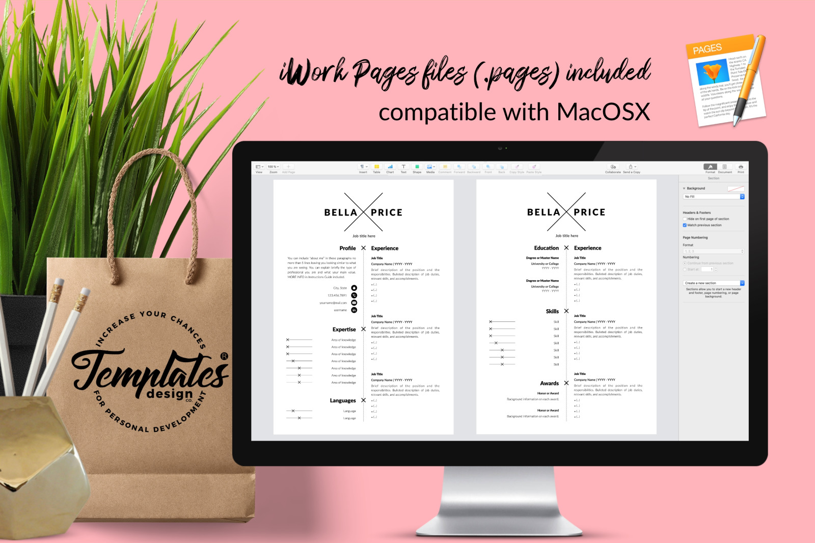 Simple Resume Template for Microsoft Word &amp; Apple Pages // Bella Price CV Design Template