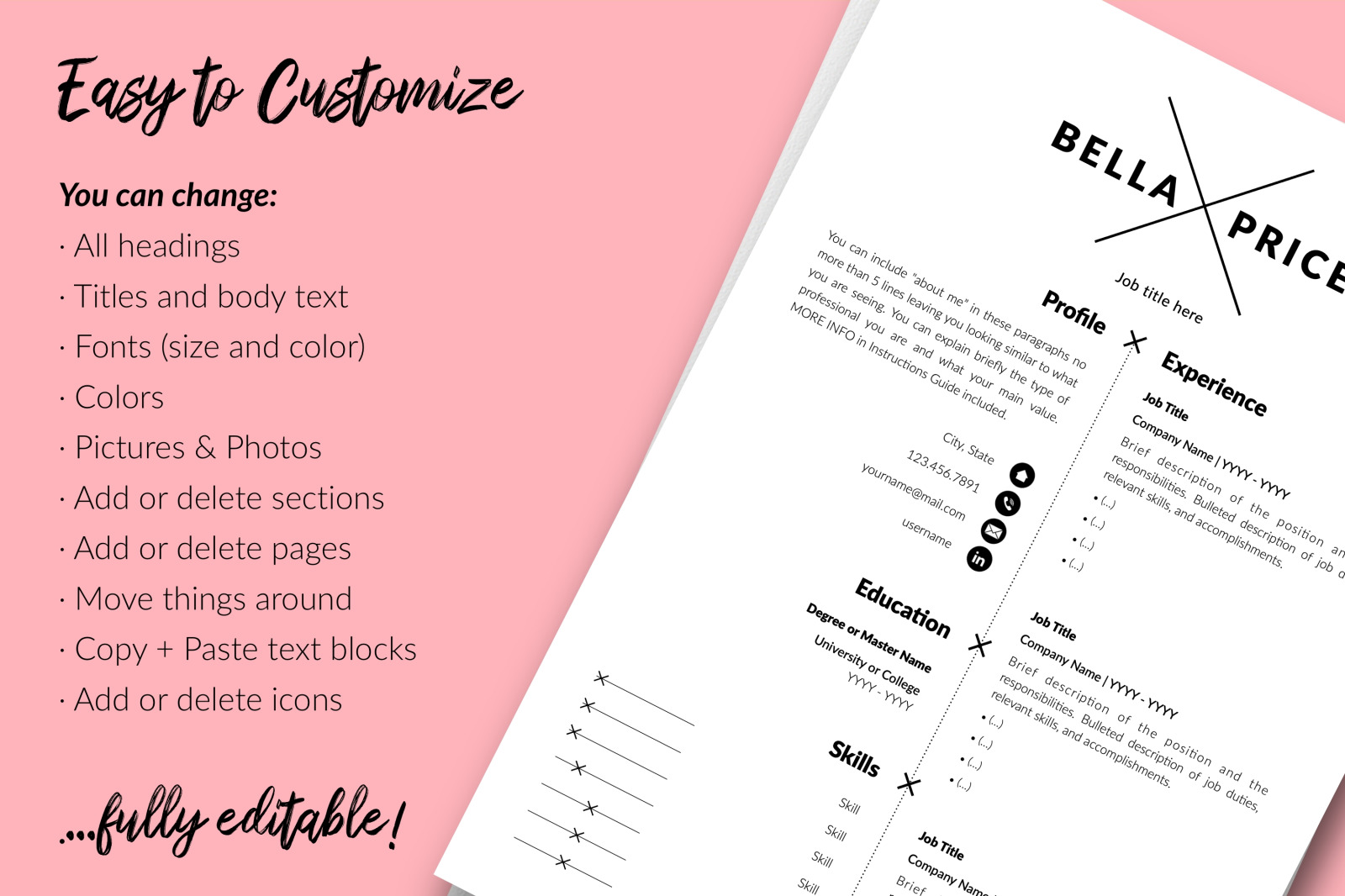 Simple Resume Template for Microsoft Word &amp; Apple Pages // Bella Price CV Design Template