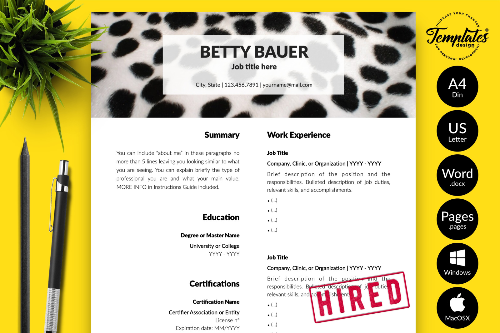 Animal Care Resume Template for Microsoft Word &amp; Apple Pages // Betty Bauer CV Design Template