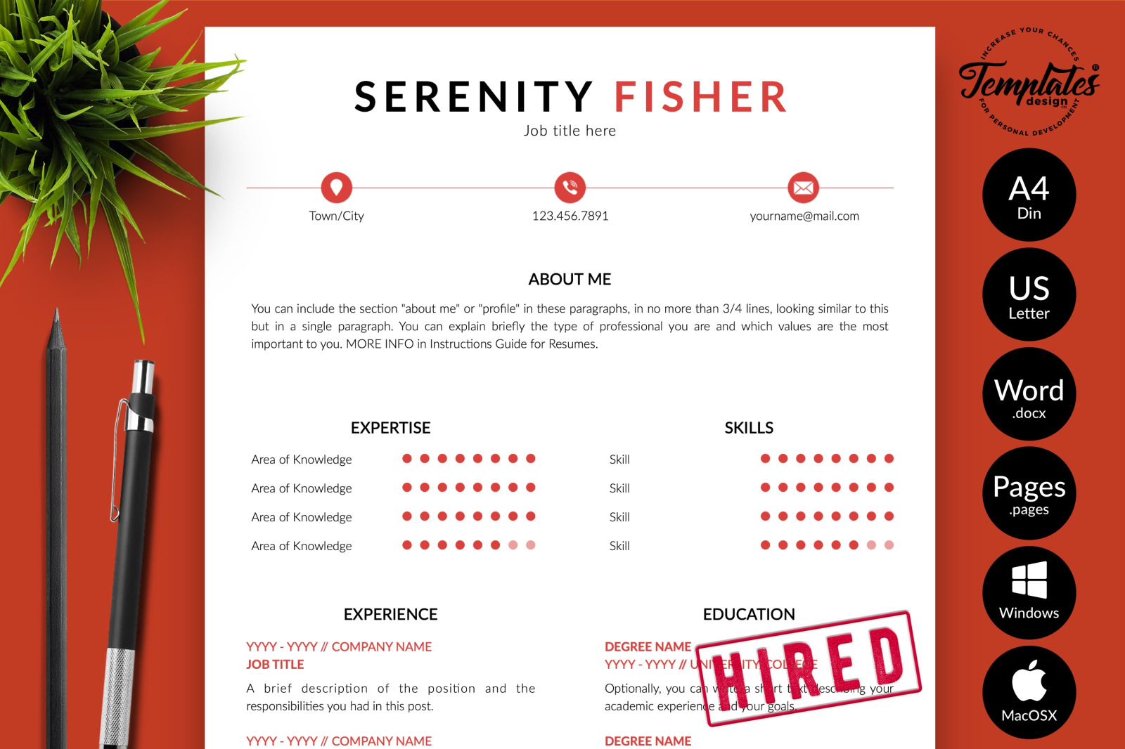 Modern Resume Template for Microsoft Word &amp; Apple Pages // Serenity Fisher CV Design Template