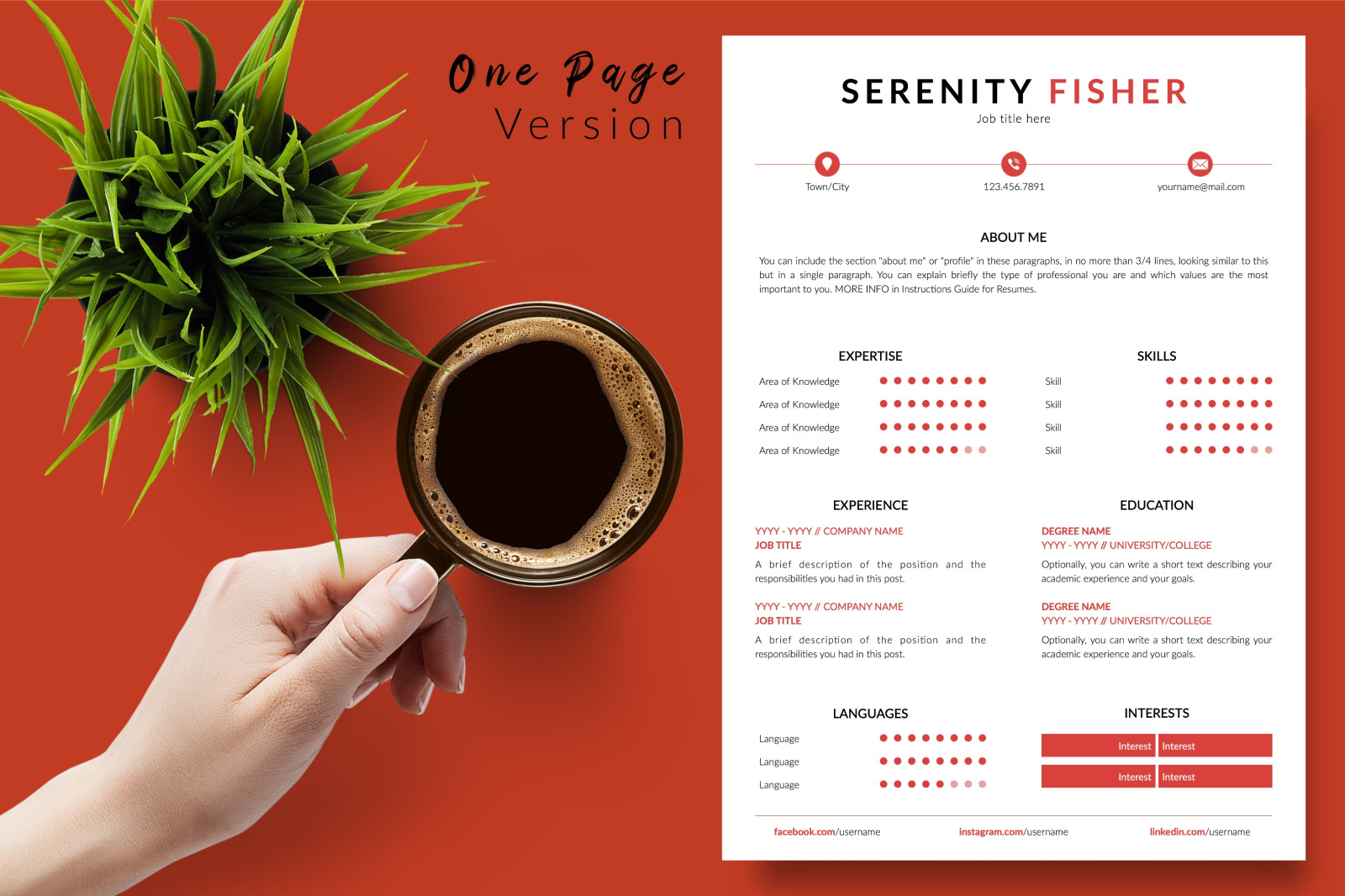 Modern Resume Template for Microsoft Word &amp; Apple Pages // Serenity Fisher CV Design Template