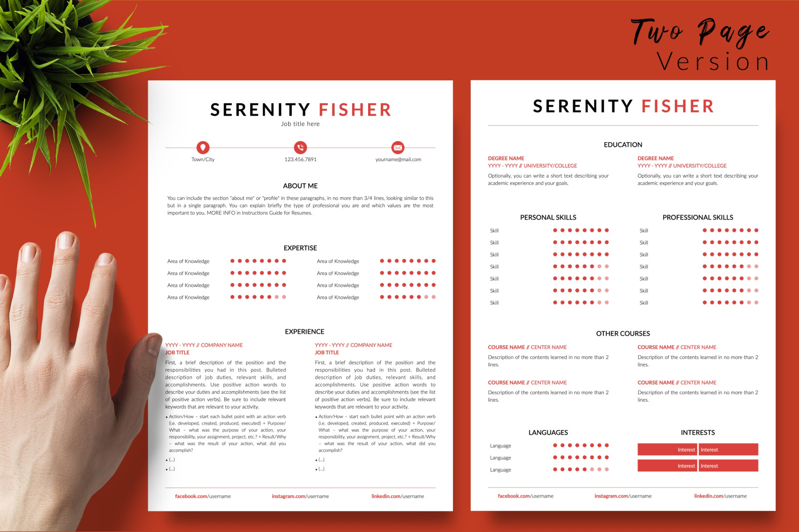 Modern Resume Template for Microsoft Word &amp; Apple Pages // Serenity Fisher CV Design Template