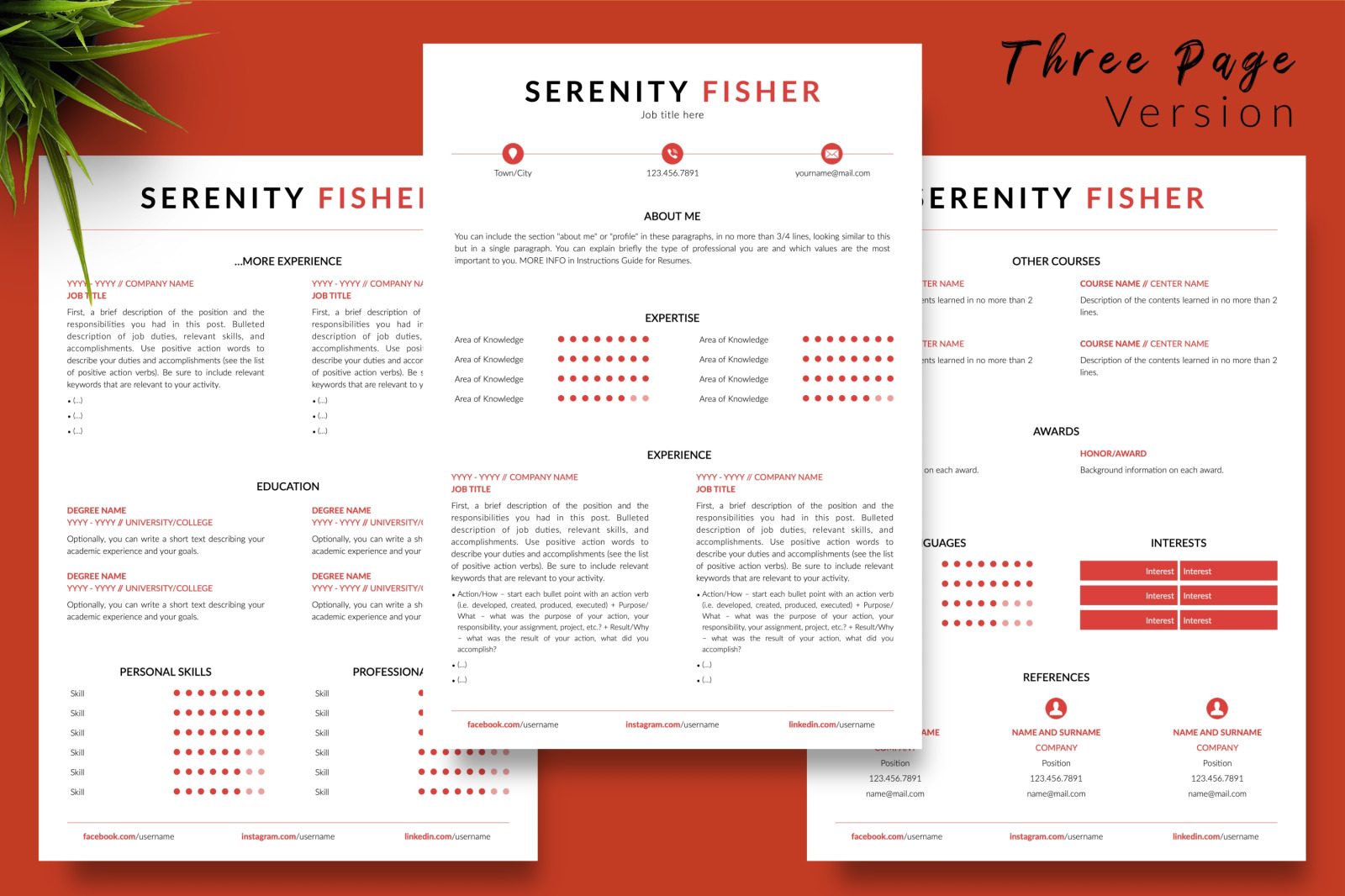 Modern Resume Template for Microsoft Word &amp; Apple Pages // Serenity Fisher CV Design Template