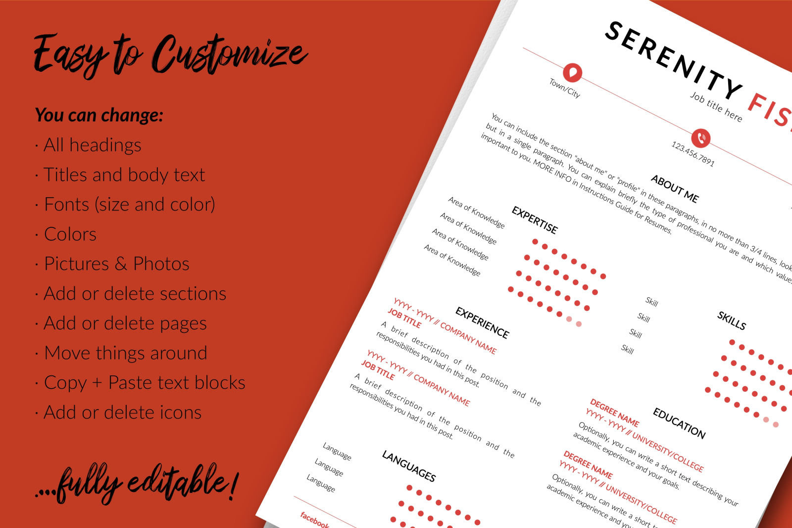 Modern Resume Template for Microsoft Word &amp; Apple Pages // Serenity Fisher CV Design Template