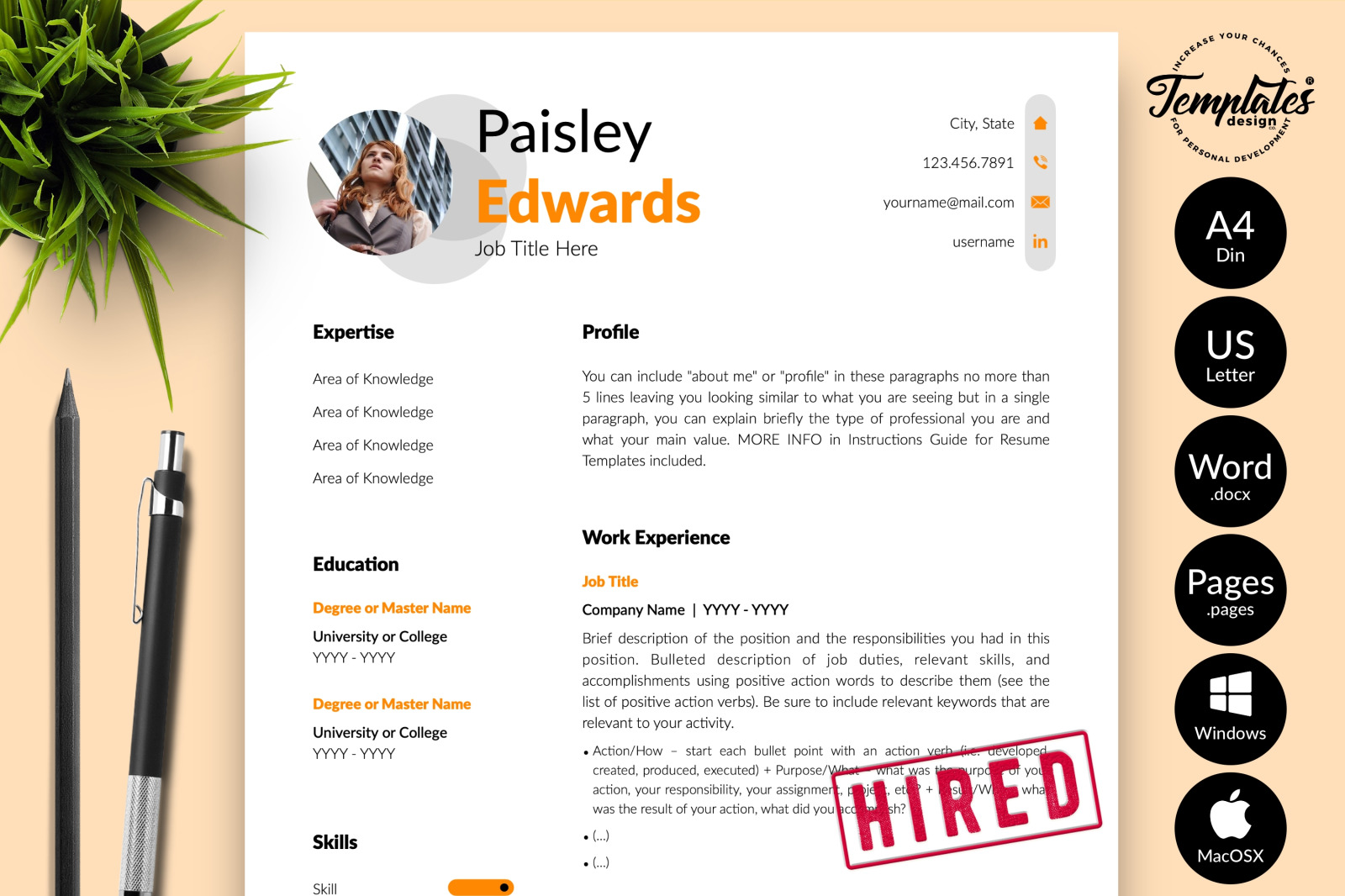 Modern Resume Template for Microsoft Word &amp; Apple Pages // Paisley Edwards CV Design Template