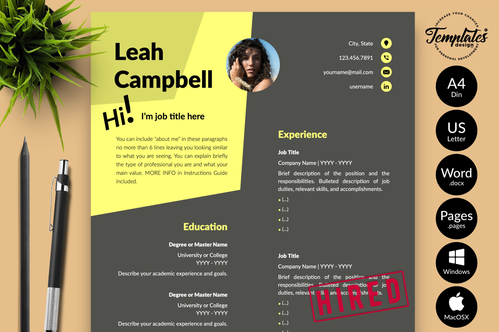 Modern Resume Template for Microsoft Word &amp; Apple Pages // Leah Campbell CV Design Template