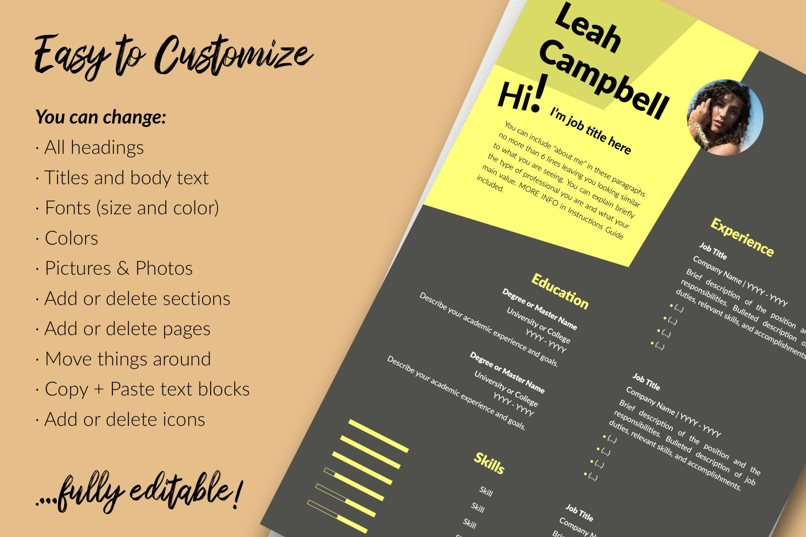 Modern Resume Template for Microsoft Word &amp; Apple Pages // Leah Campbell CV Design Template