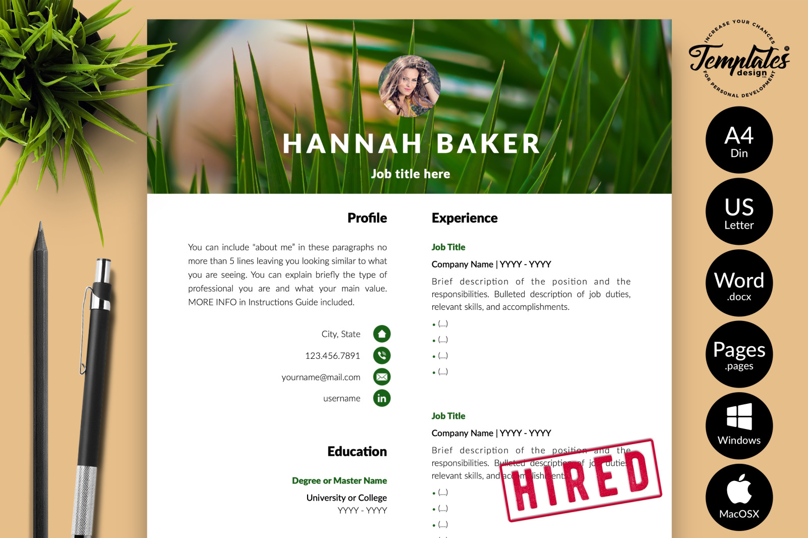 Creative Resume Template for Microsoft Word &amp; Apple Pages // Hannah Baker CV Design Template