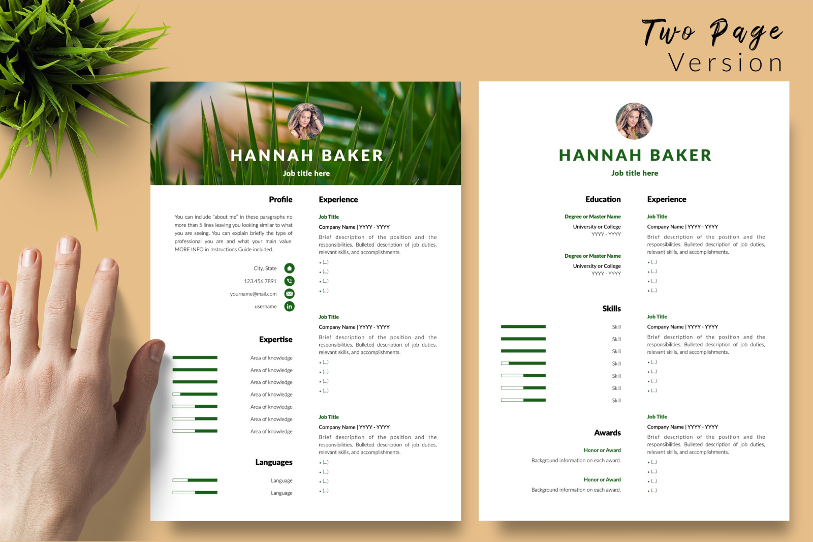 Creative Resume Template for Microsoft Word &amp; Apple Pages // Hannah Baker CV Design Template