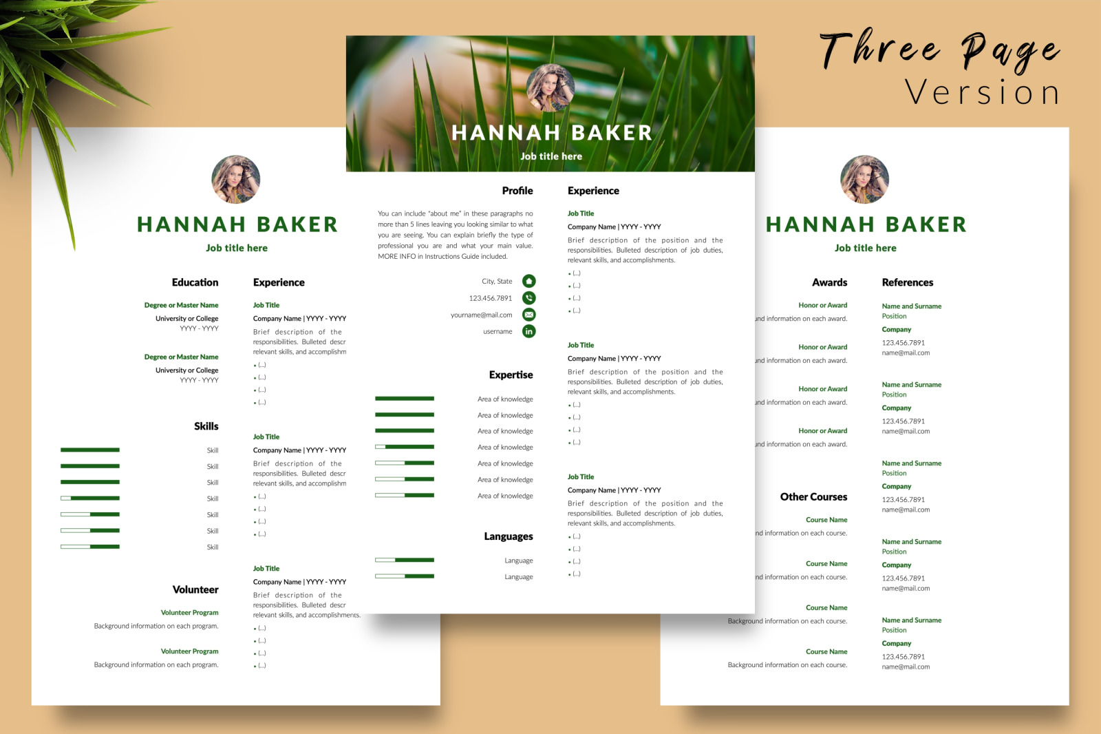 Creative Resume Template for Microsoft Word &amp; Apple Pages // Hannah Baker CV Design Template