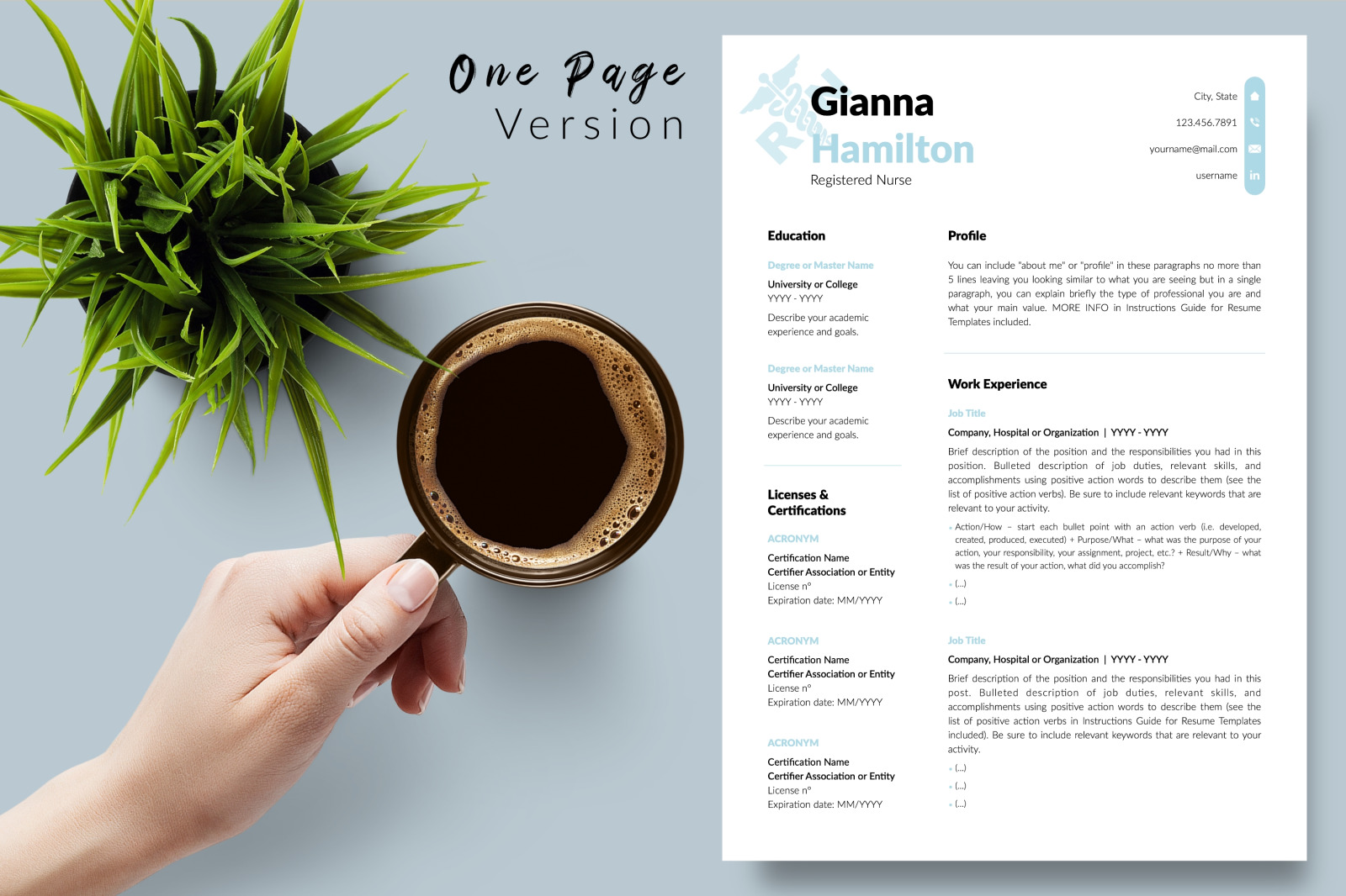 Nurse Resume Template for Microsoft Word &amp; Apple Pages // Gianna Hamilton CV Design Template