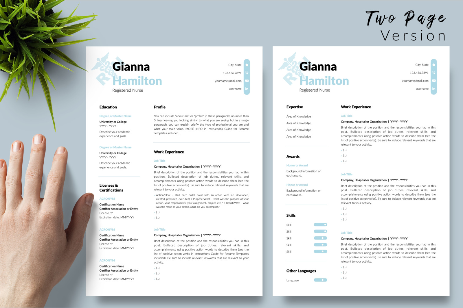 Nurse Resume Template for Microsoft Word &amp; Apple Pages // Gianna Hamilton CV Design Template