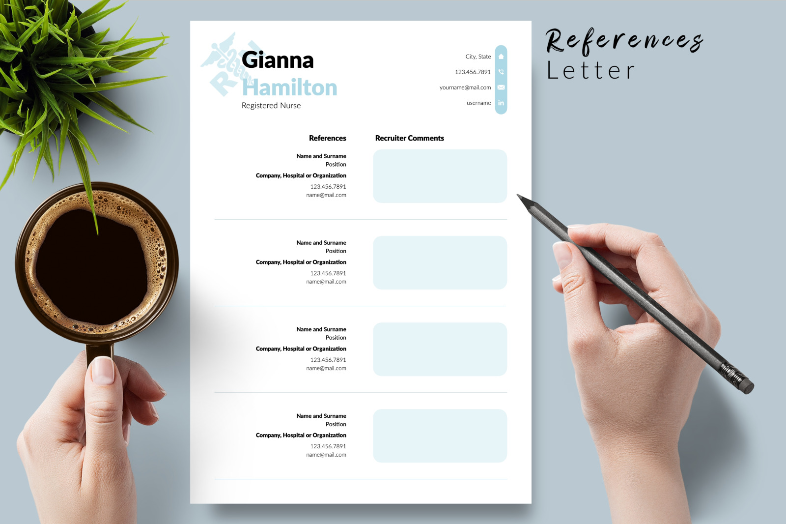 Nurse Resume Template for Microsoft Word &amp; Apple Pages // Gianna Hamilton CV Design Template