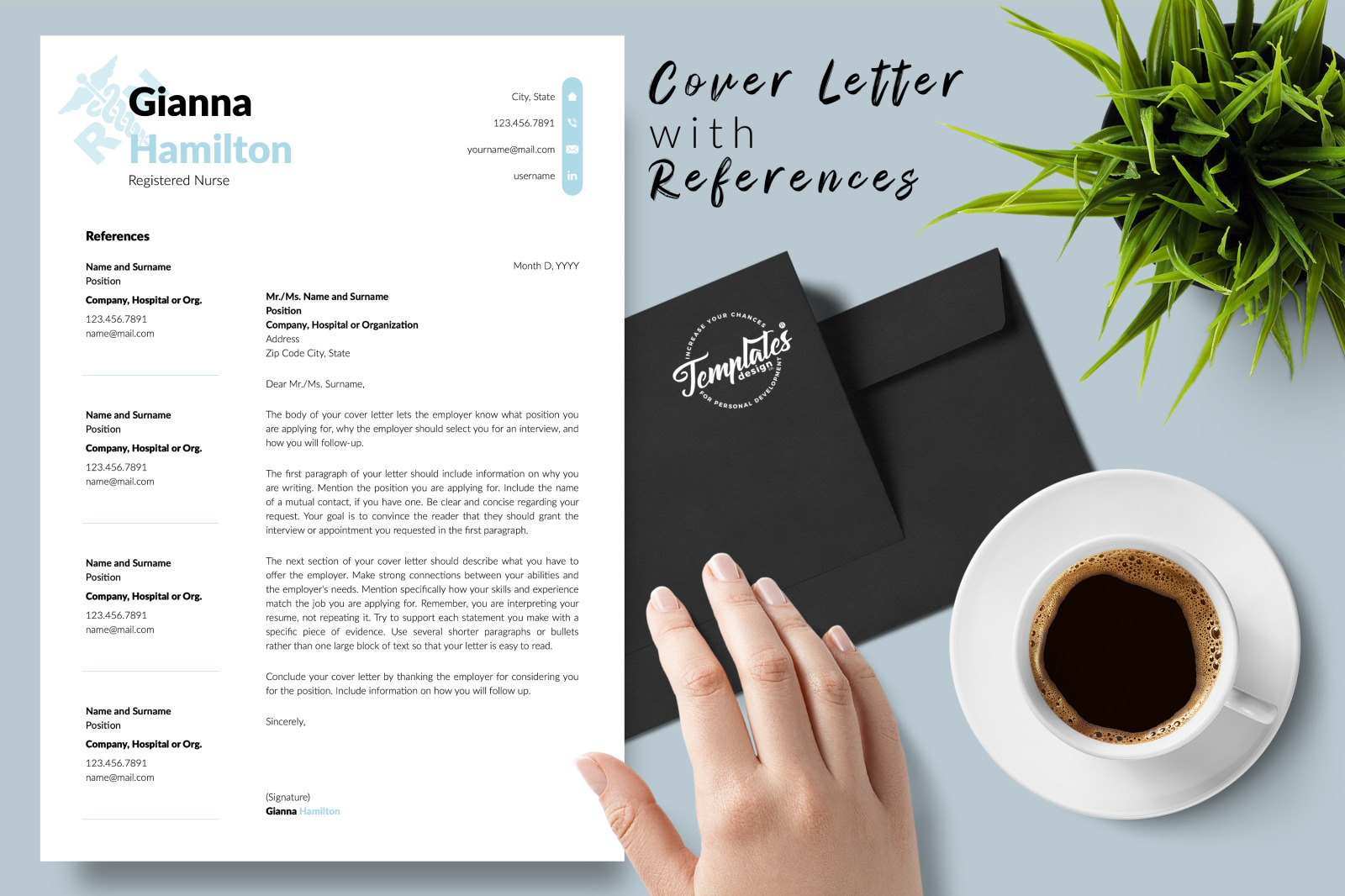 Nurse Resume Template for Microsoft Word &amp; Apple Pages // Gianna Hamilton CV Design Template