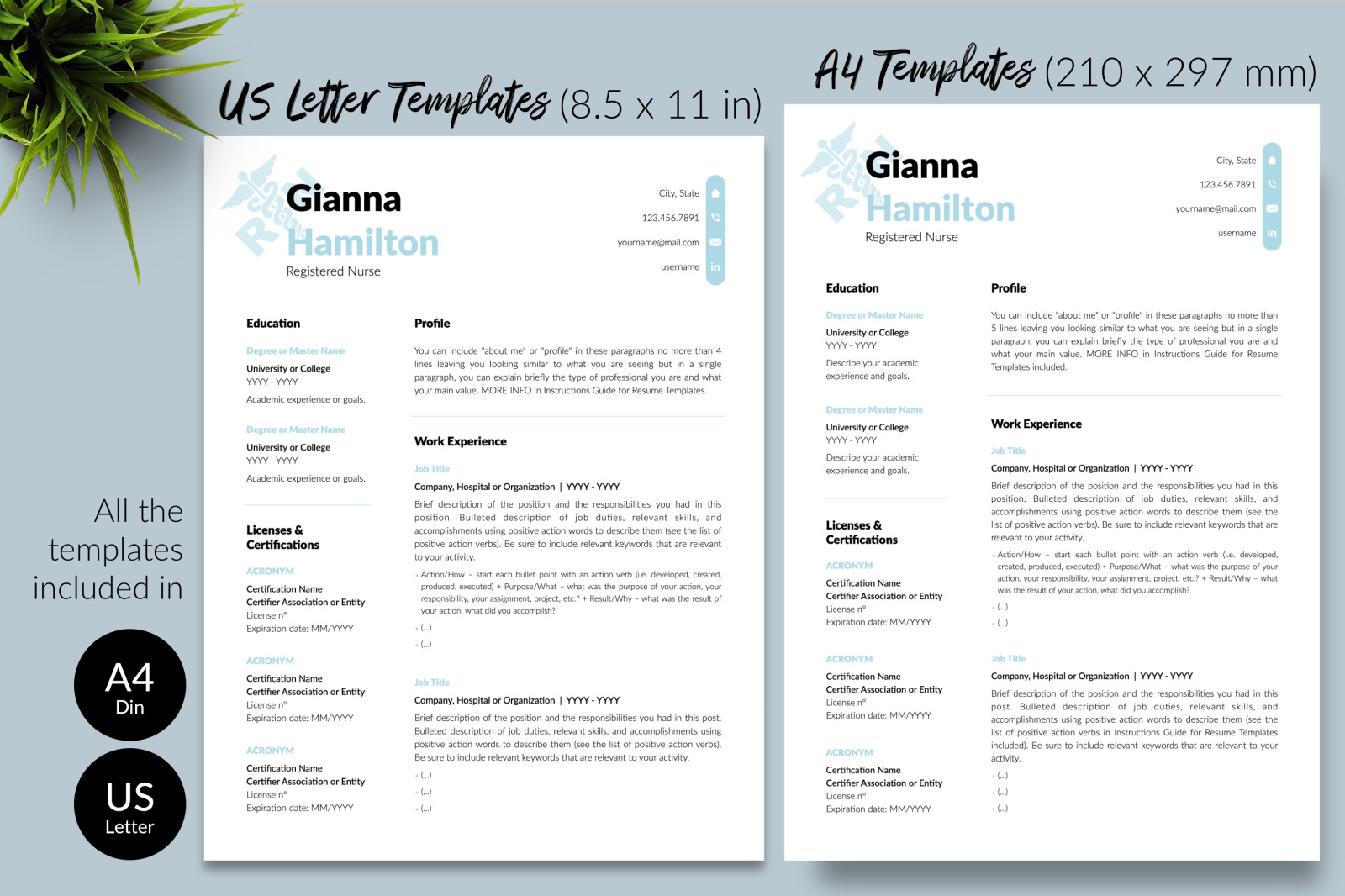 Nurse Resume Template for Microsoft Word &amp; Apple Pages // Gianna Hamilton CV Design Template