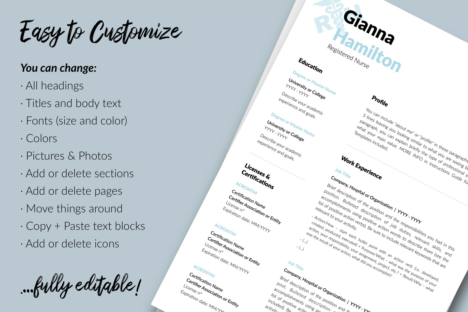 Nurse Resume Template for Microsoft Word &amp; Apple Pages // Gianna Hamilton CV Design Template