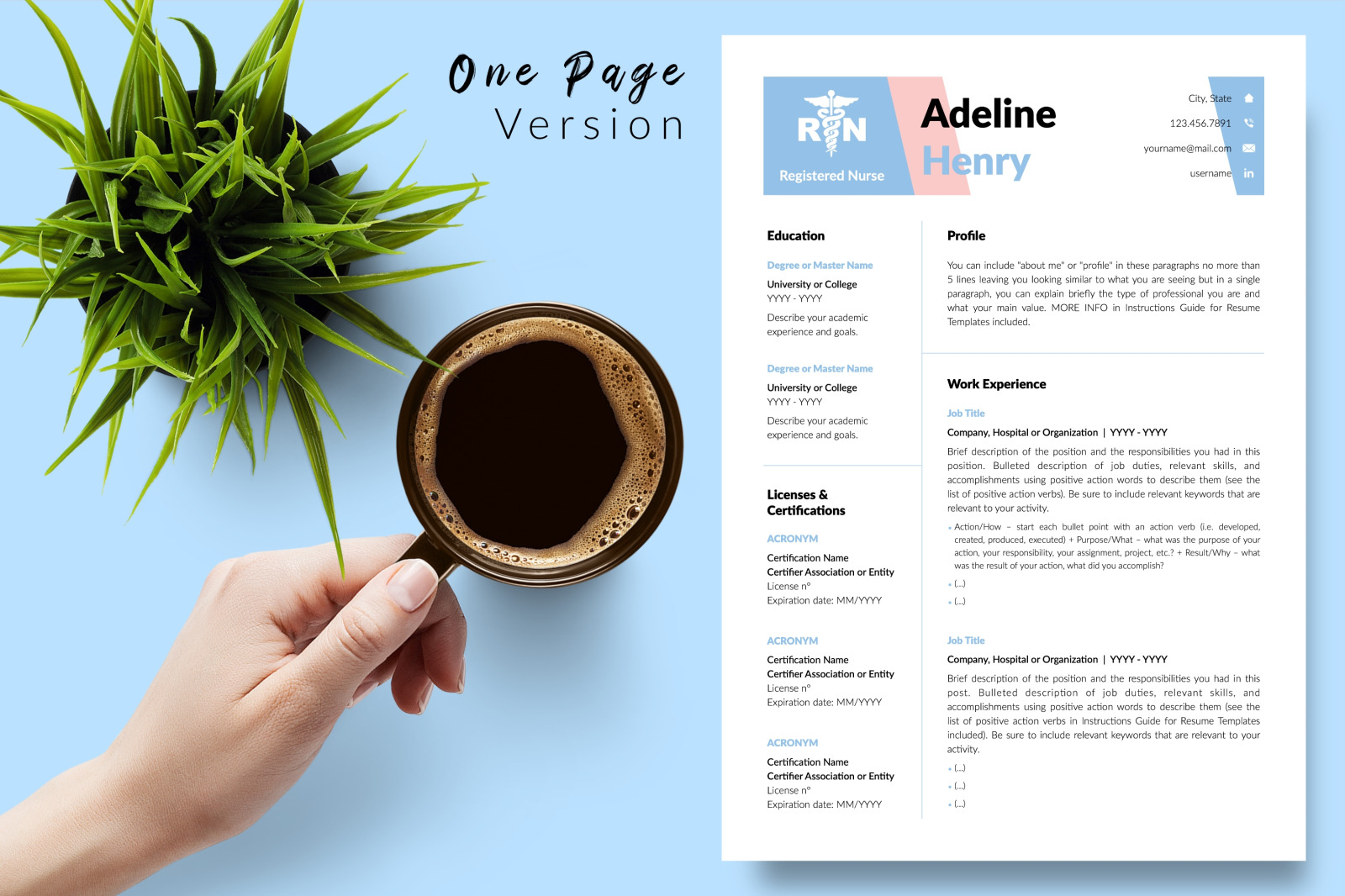 Nurse Resume Template for Microsoft Word &amp; Apple Pages // Adeline Henry CV Design Template