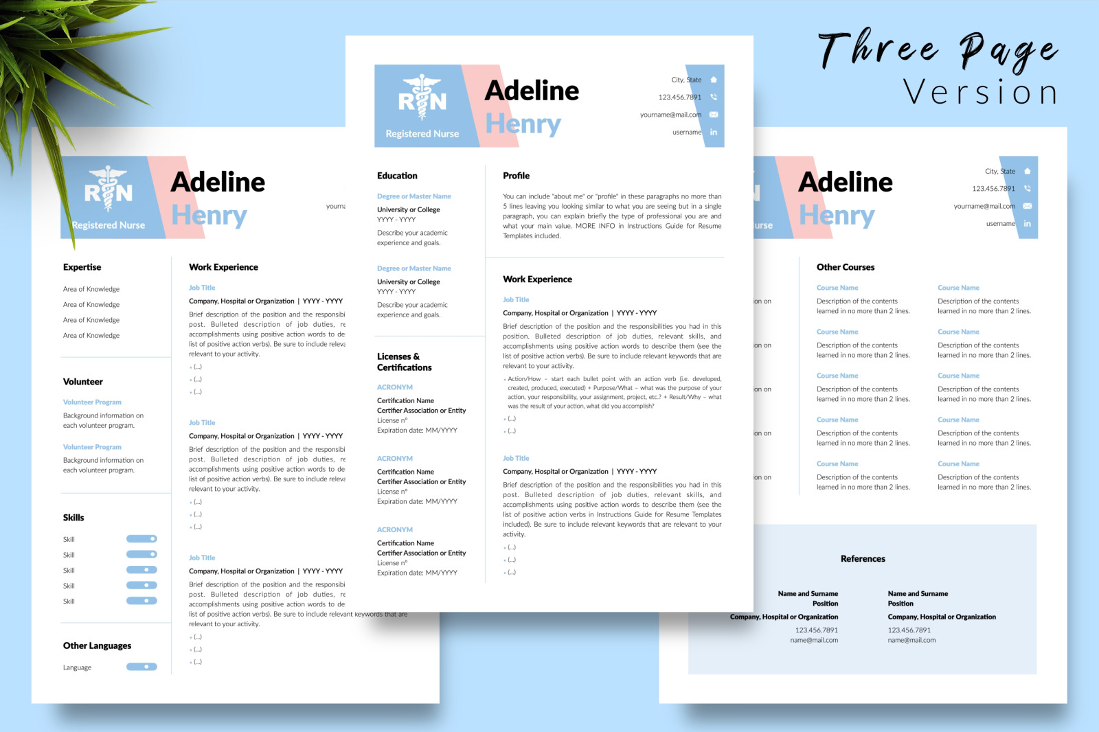 Nurse Resume Template for Microsoft Word &amp; Apple Pages // Adeline Henry CV Design Template