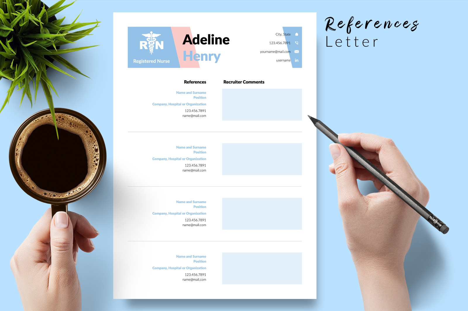 Nurse Resume Template for Microsoft Word &amp; Apple Pages // Adeline Henry CV Design Template