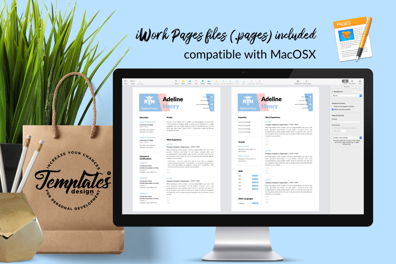 Nurse Resume Template for Microsoft Word &amp; Apple Pages // Adeline Henry CV Design Template