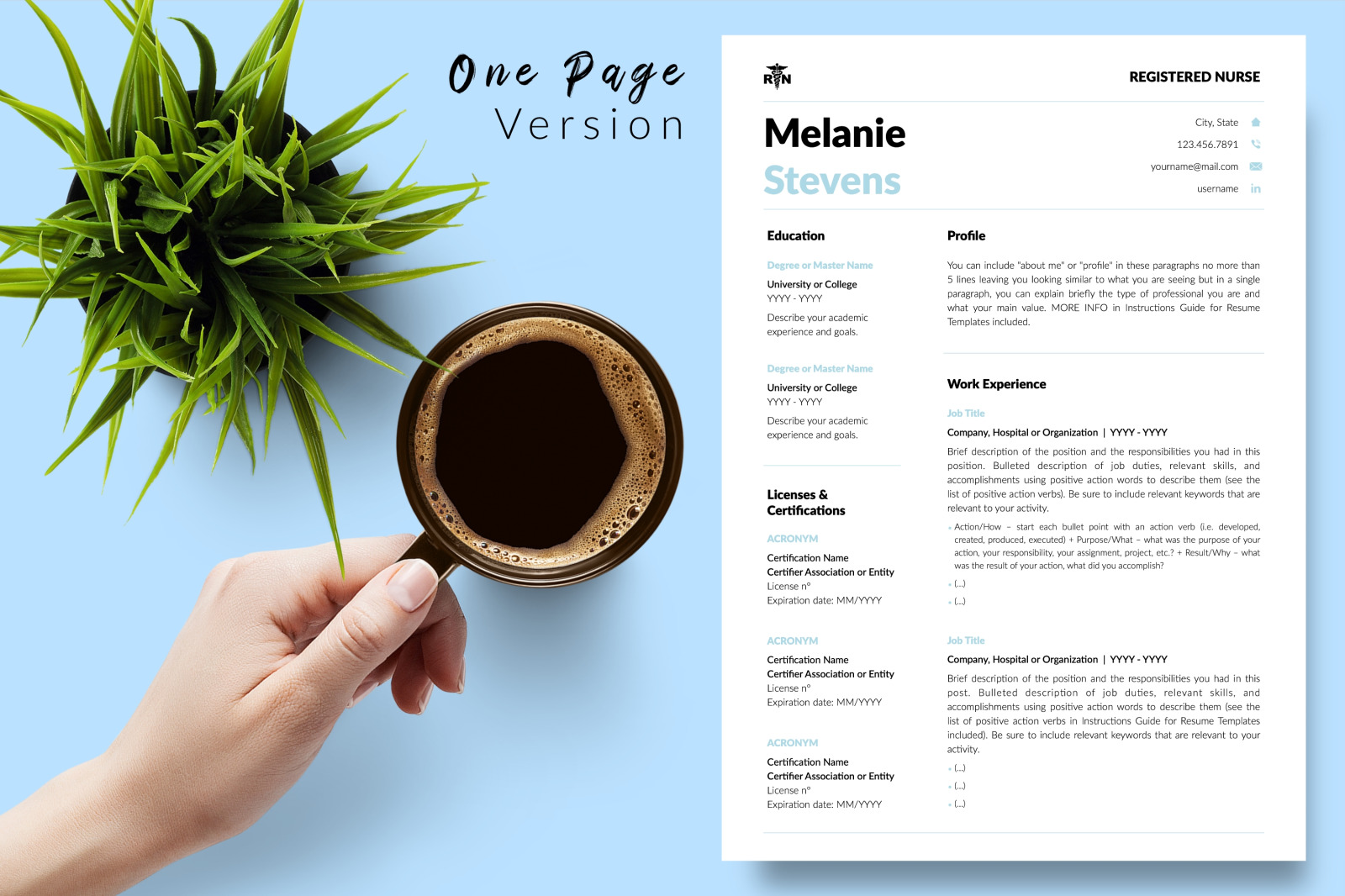 Nurse Resume Template for Microsoft Word &amp; Apple Pages // Melanie Stevens CV Design Template