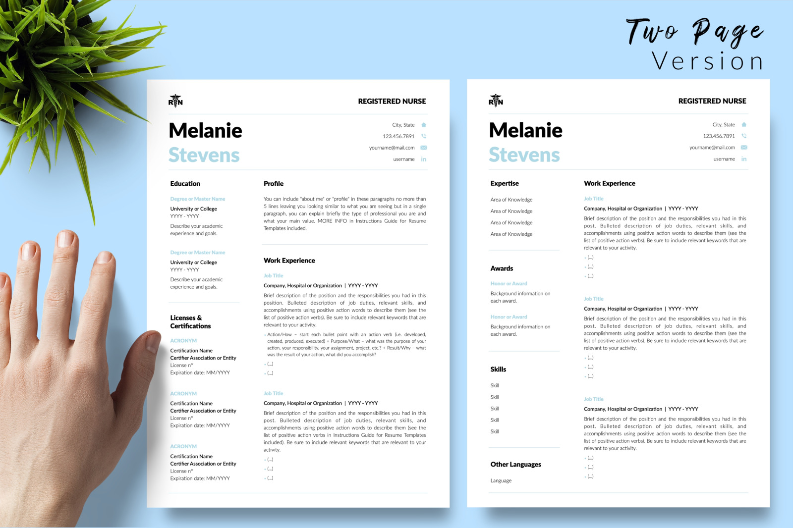 Nurse Resume Template for Microsoft Word &amp; Apple Pages // Melanie Stevens CV Design Template