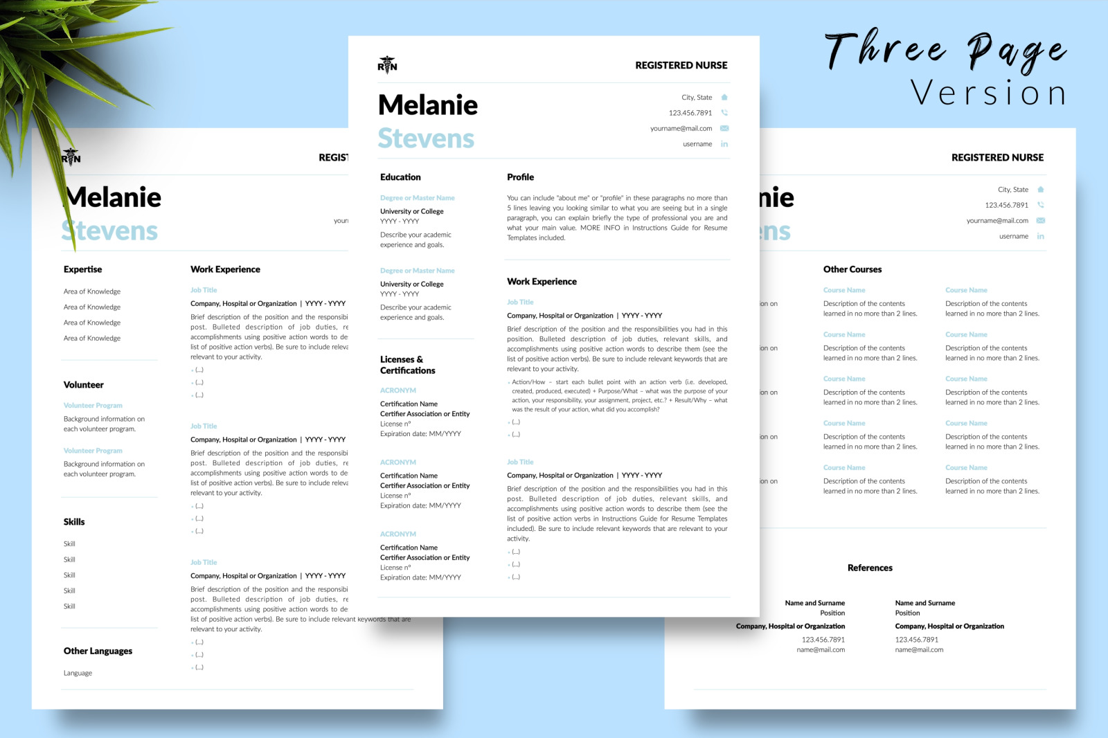 Nurse Resume Template for Microsoft Word &amp; Apple Pages // Melanie Stevens CV Design Template