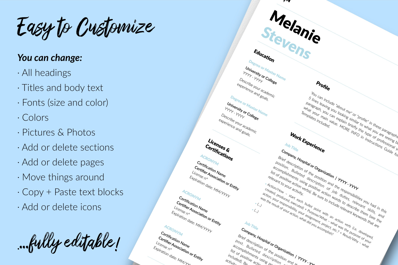 Nurse Resume Template for Microsoft Word &amp; Apple Pages // Melanie Stevens CV Design Template