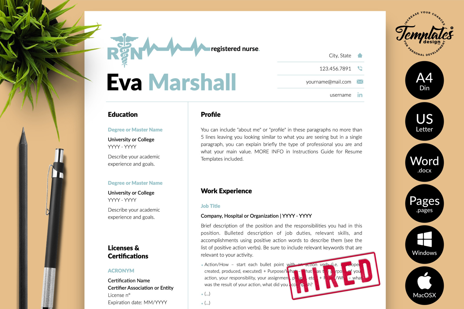 Nurse Resume Template for Microsoft Word &amp; Apple Pages // Eva Marshall CV Design Template