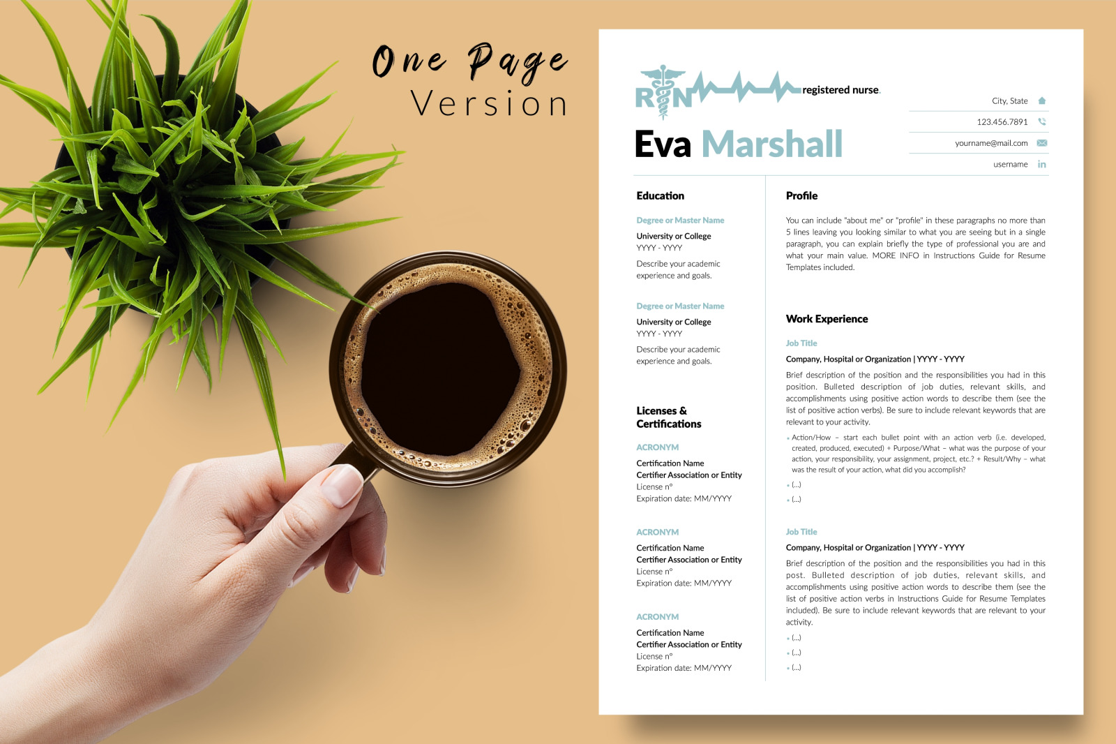 Nurse Resume Template for Microsoft Word &amp; Apple Pages // Eva Marshall CV Design Template