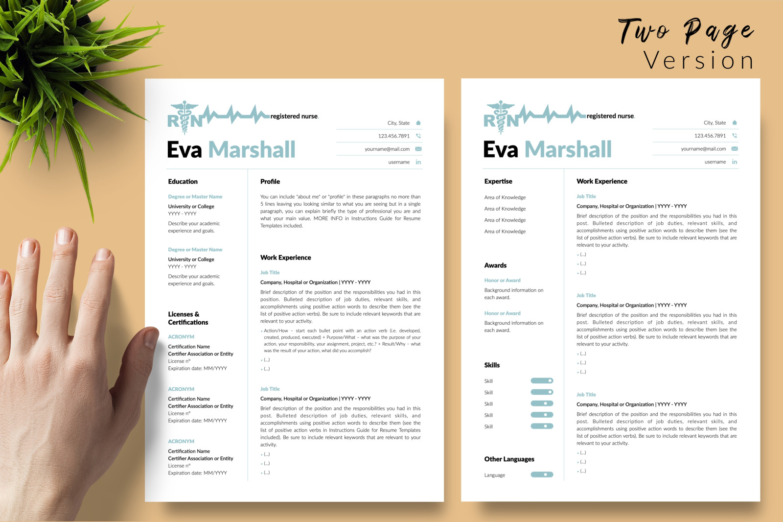 Nurse Resume Template for Microsoft Word &amp; Apple Pages // Eva Marshall CV Design Template