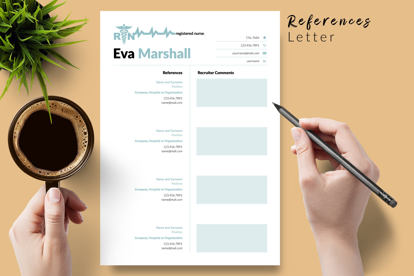 Nurse Resume Template for Microsoft Word &amp; Apple Pages // Eva Marshall CV Design Template