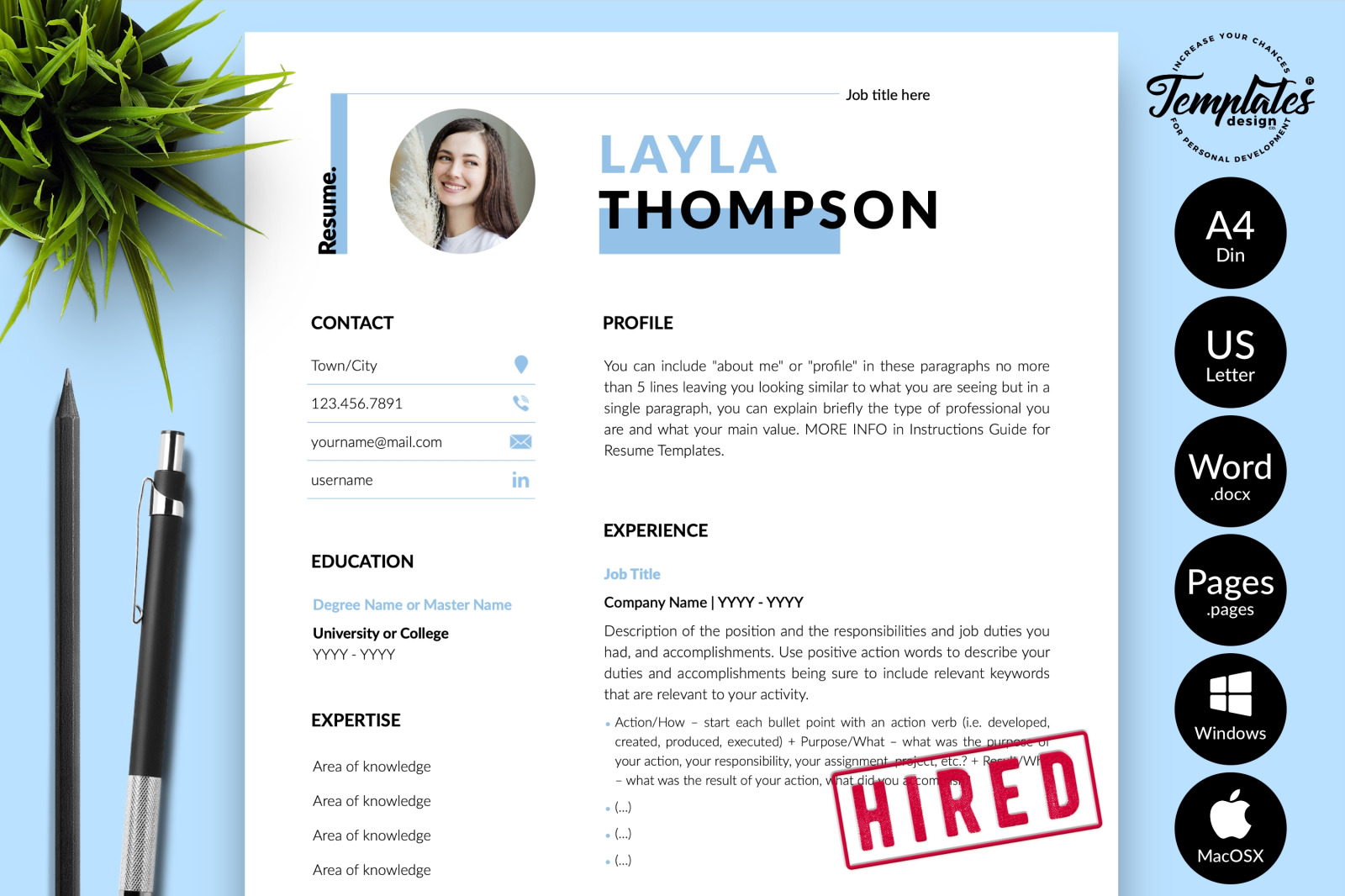 Simple Resume Template for Microsoft Word &amp; Apple Pages // Layla Thompson CV Design Template