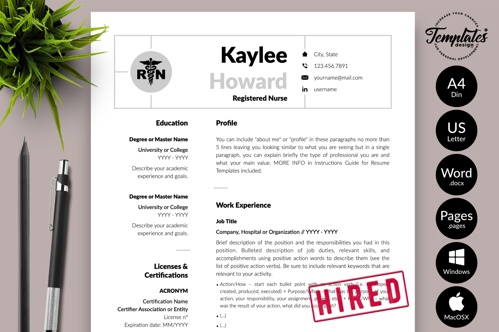 Nurse Resume Template for Microsoft Word &amp; Apple Pages // Kaylee Howard CV Design Template