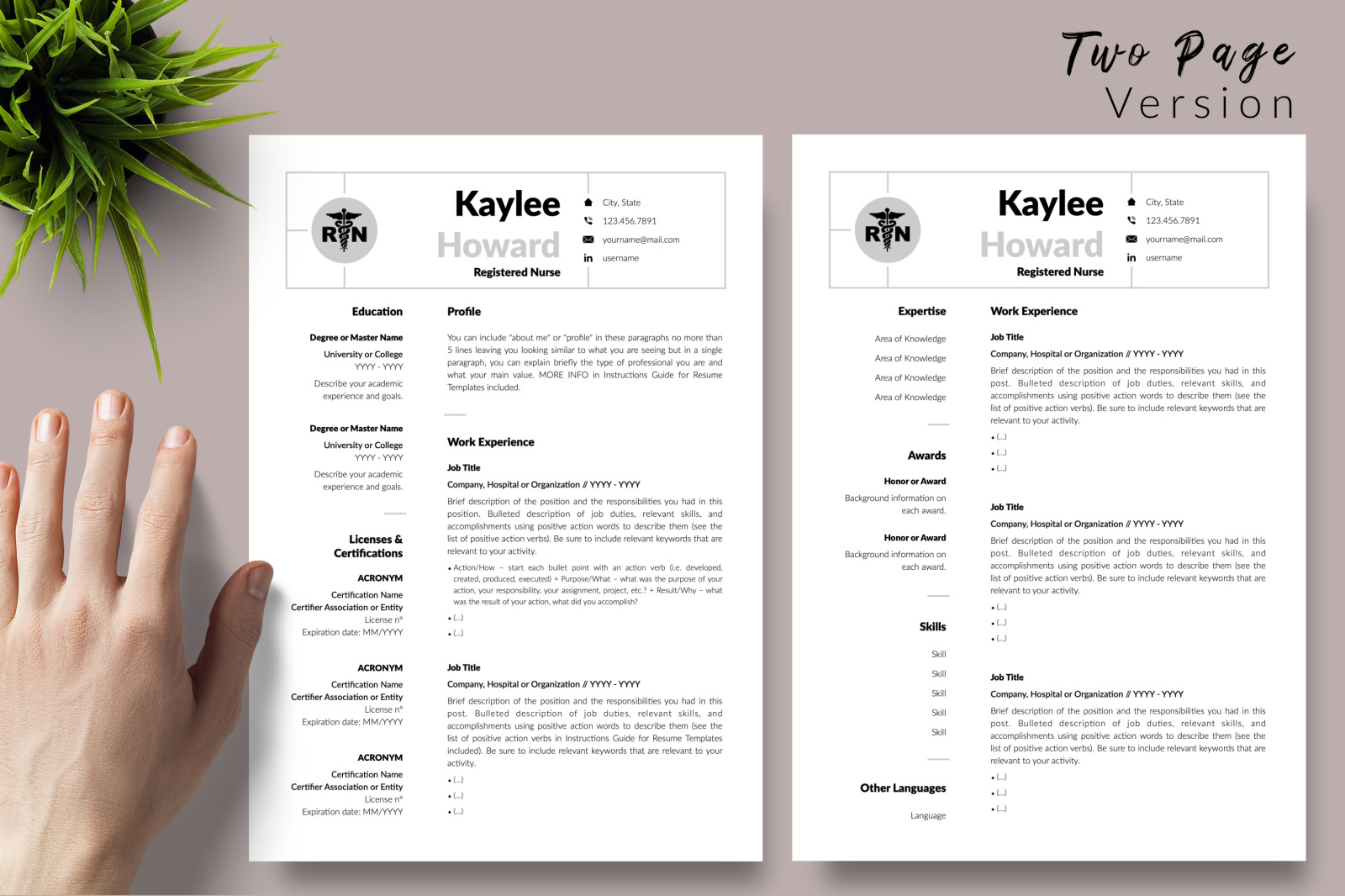 Nurse Resume Template for Microsoft Word &amp; Apple Pages // Kaylee Howard CV Design Template