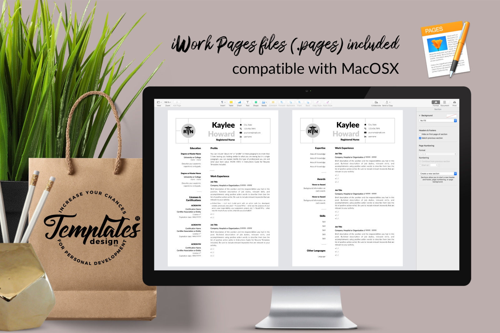 Nurse Resume Template for Microsoft Word &amp; Apple Pages // Kaylee Howard CV Design Template