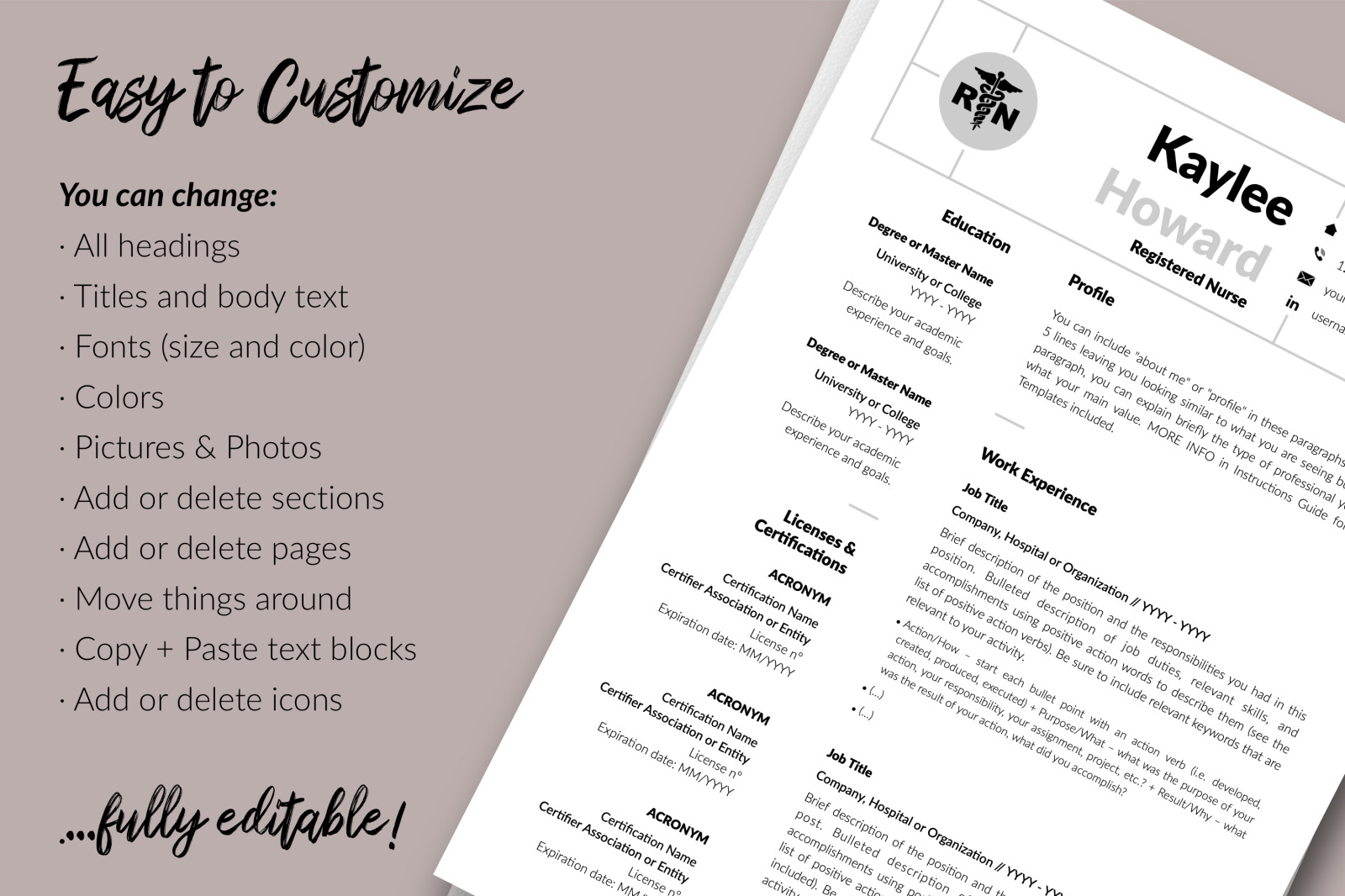 Nurse Resume Template for Microsoft Word & Apple Pages // Kaylee Howard CV Design Template Nurse Resume Template for Microsoft Word & Apple Pages // Kaylee Howard CV Design Template