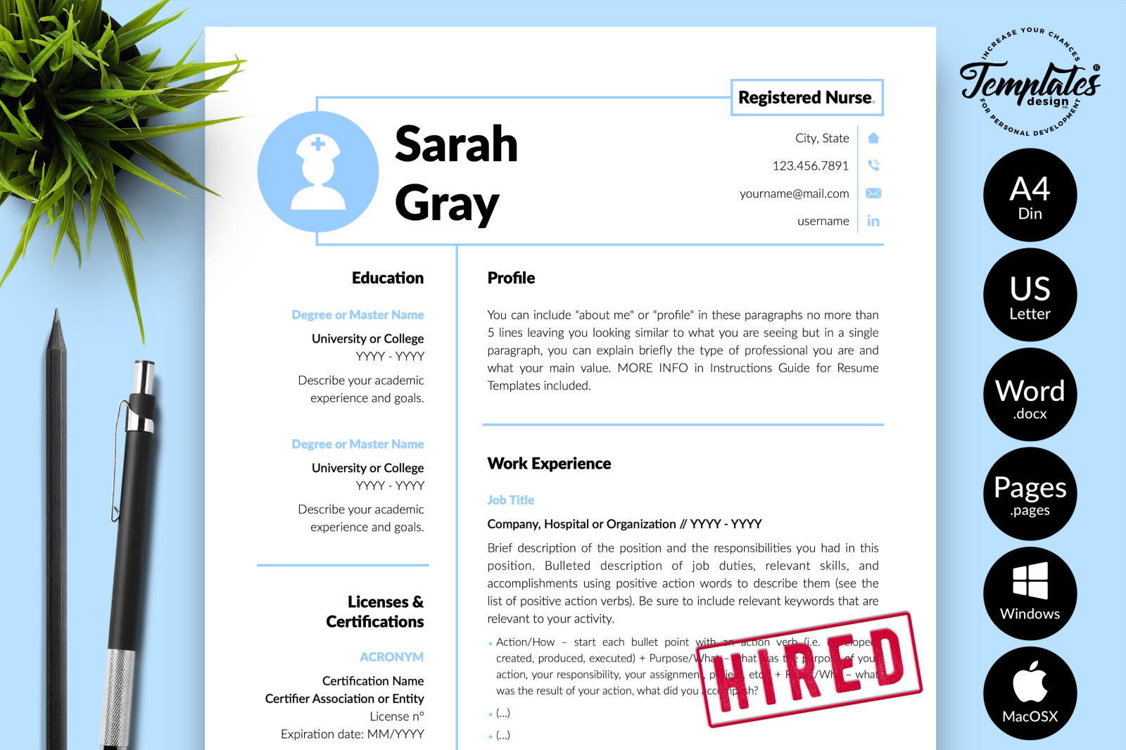 Nurse Resume Template for Microsoft Word &amp; Apple Pages // Sarah Gray CV Design Template