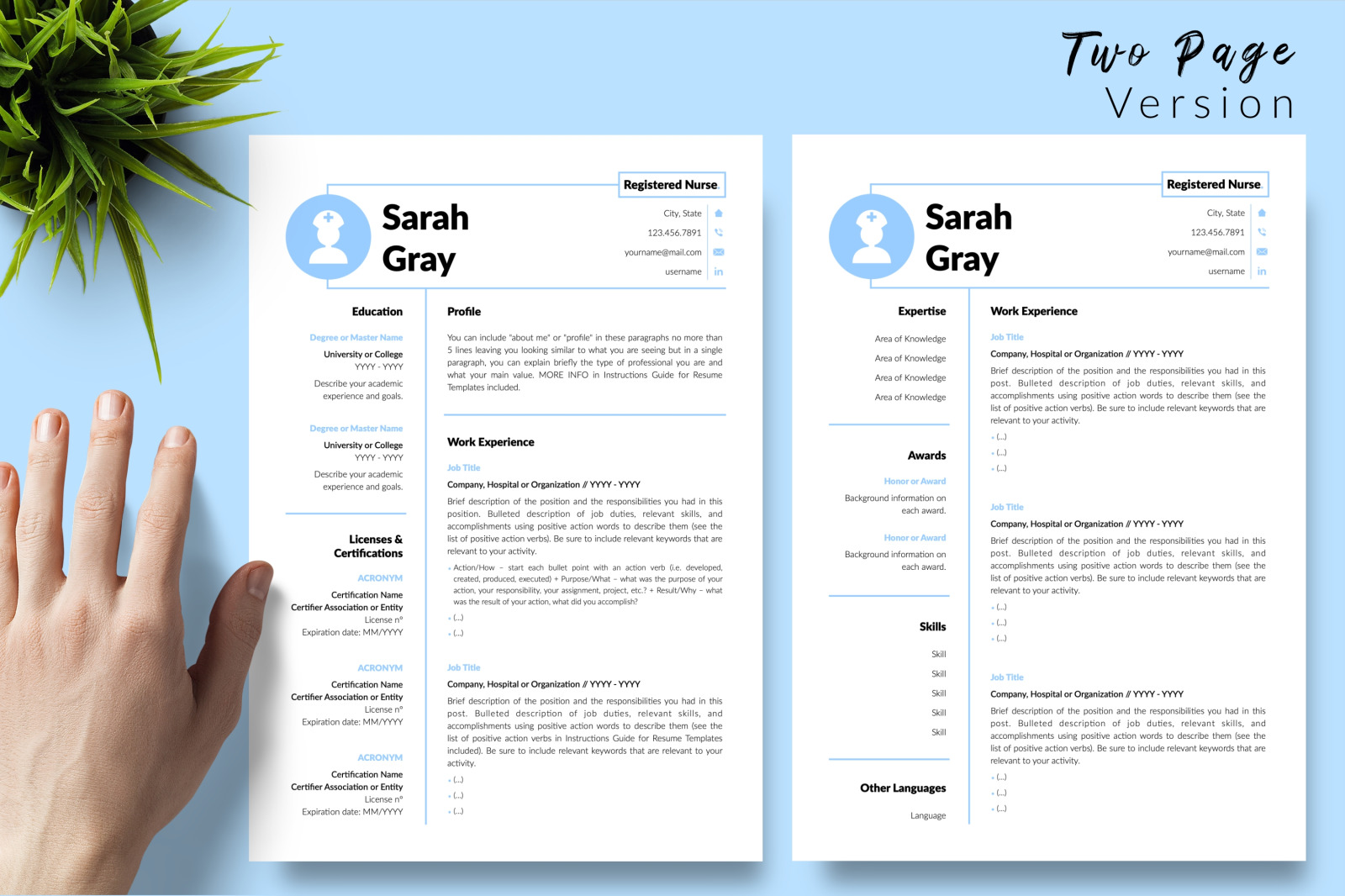 Nurse Resume Template for Microsoft Word &amp; Apple Pages // Sarah Gray CV Design Template