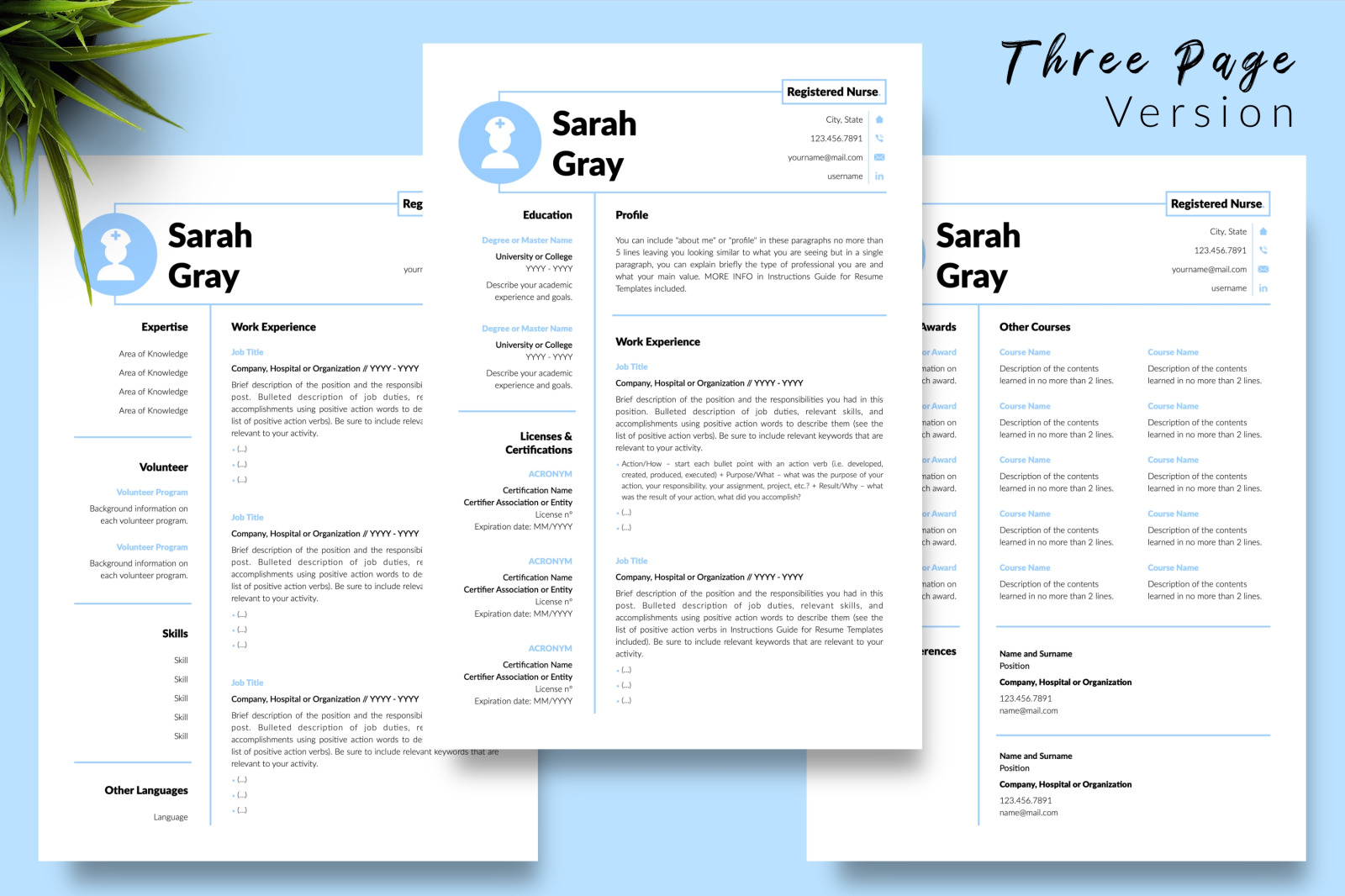 Nurse Resume Template for Microsoft Word &amp; Apple Pages // Sarah Gray CV Design Template