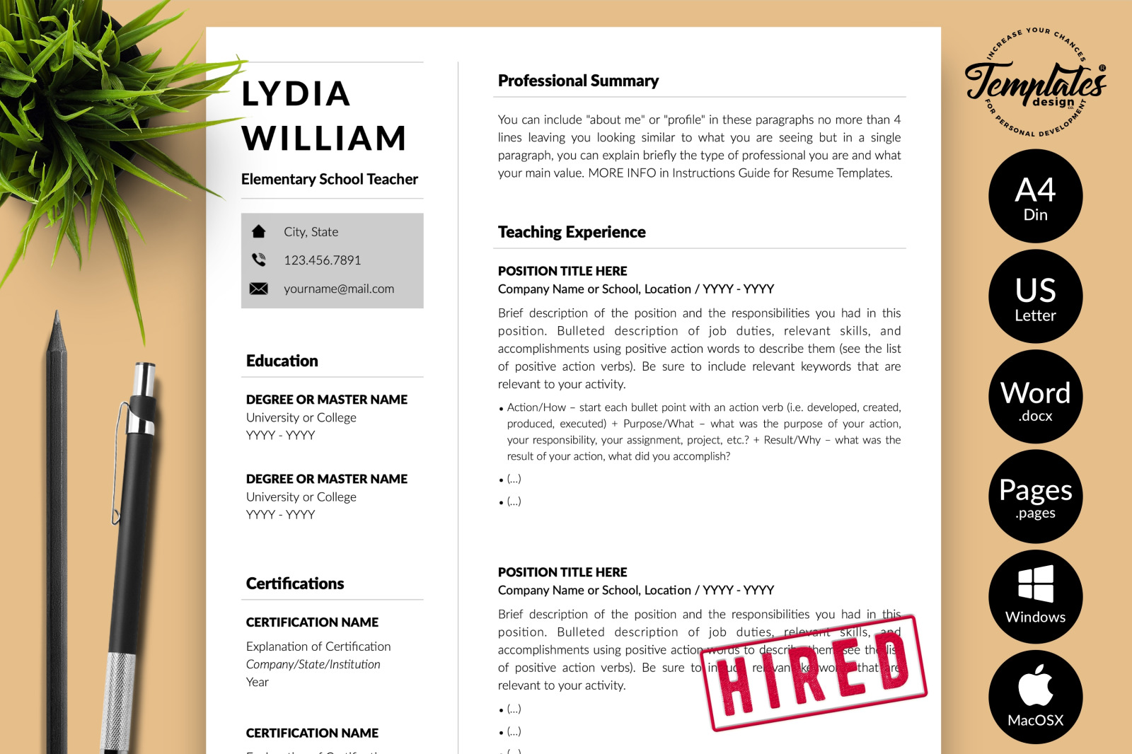 Teacher Resume Template for Microsoft Word &amp; Apple Pages // Lydia William CV Design Template