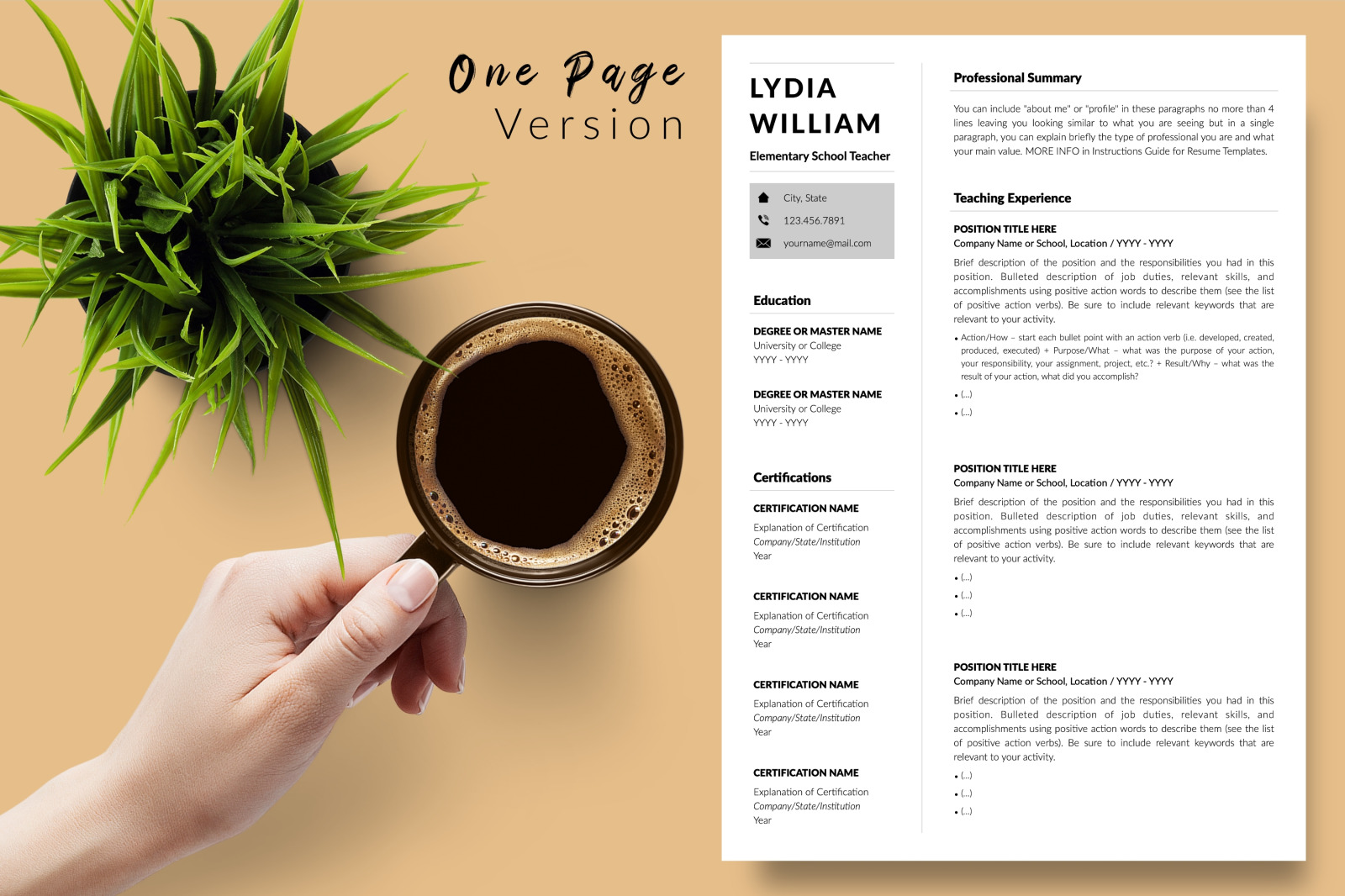 Teacher Resume Template for Microsoft Word &amp; Apple Pages // Lydia William CV Design Template