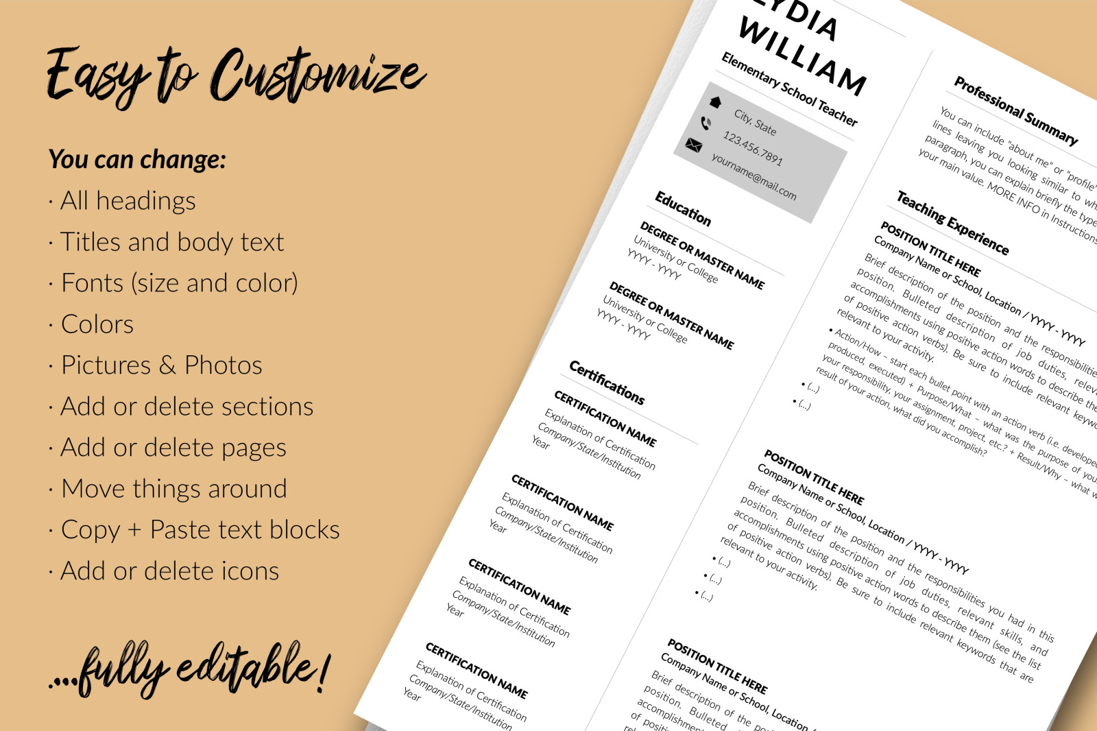 Teacher Resume Template for Microsoft Word &amp; Apple Pages // Lydia William CV Design Template