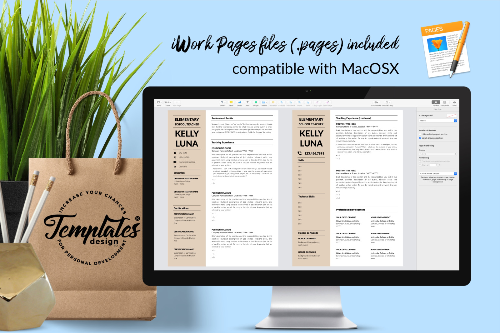 Teacher Resume Template for Microsoft Word &amp; Apple Pages // Kelly Luna CV Design Template