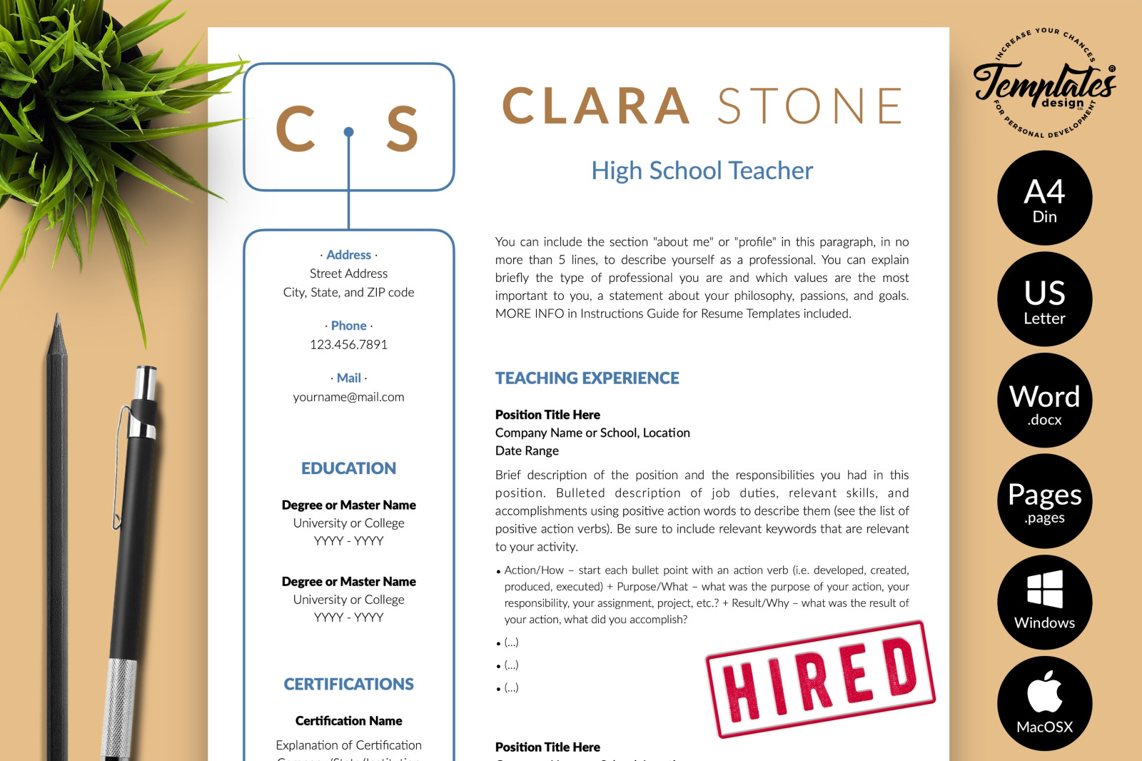 Teacher Resume Template for Microsoft Word &amp; Apple Pages // Clara Stone CV Design Template