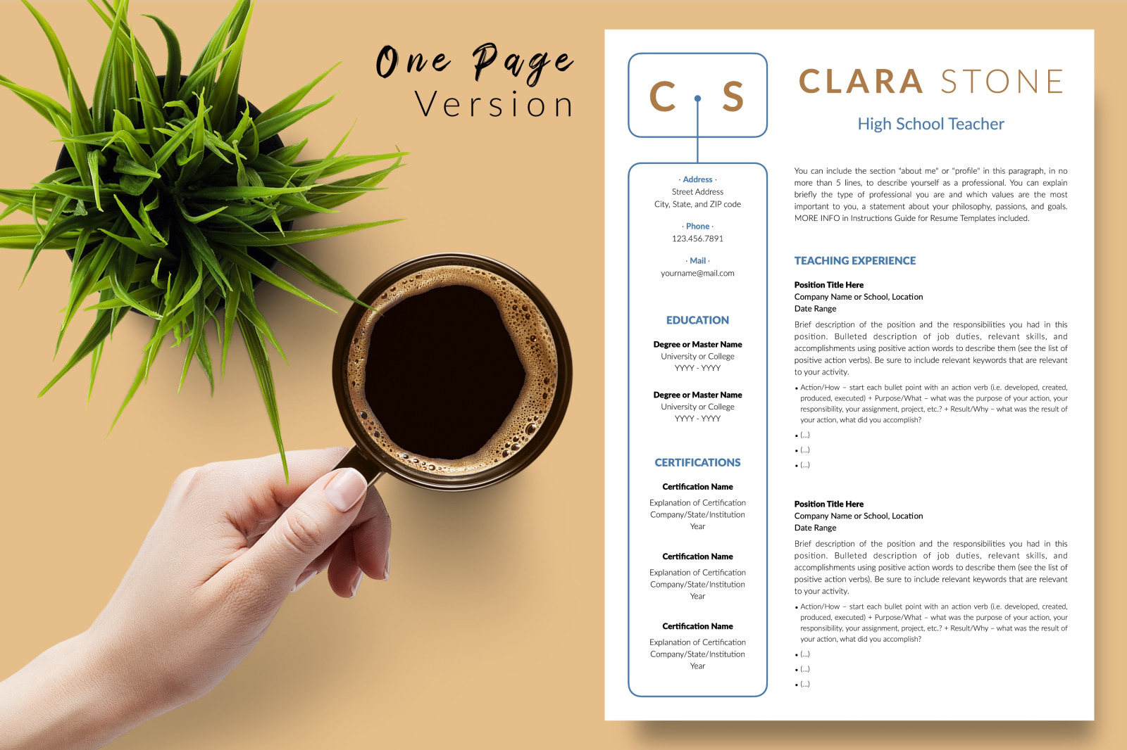 Teacher Resume Template for Microsoft Word &amp; Apple Pages // Clara Stone CV Design Template