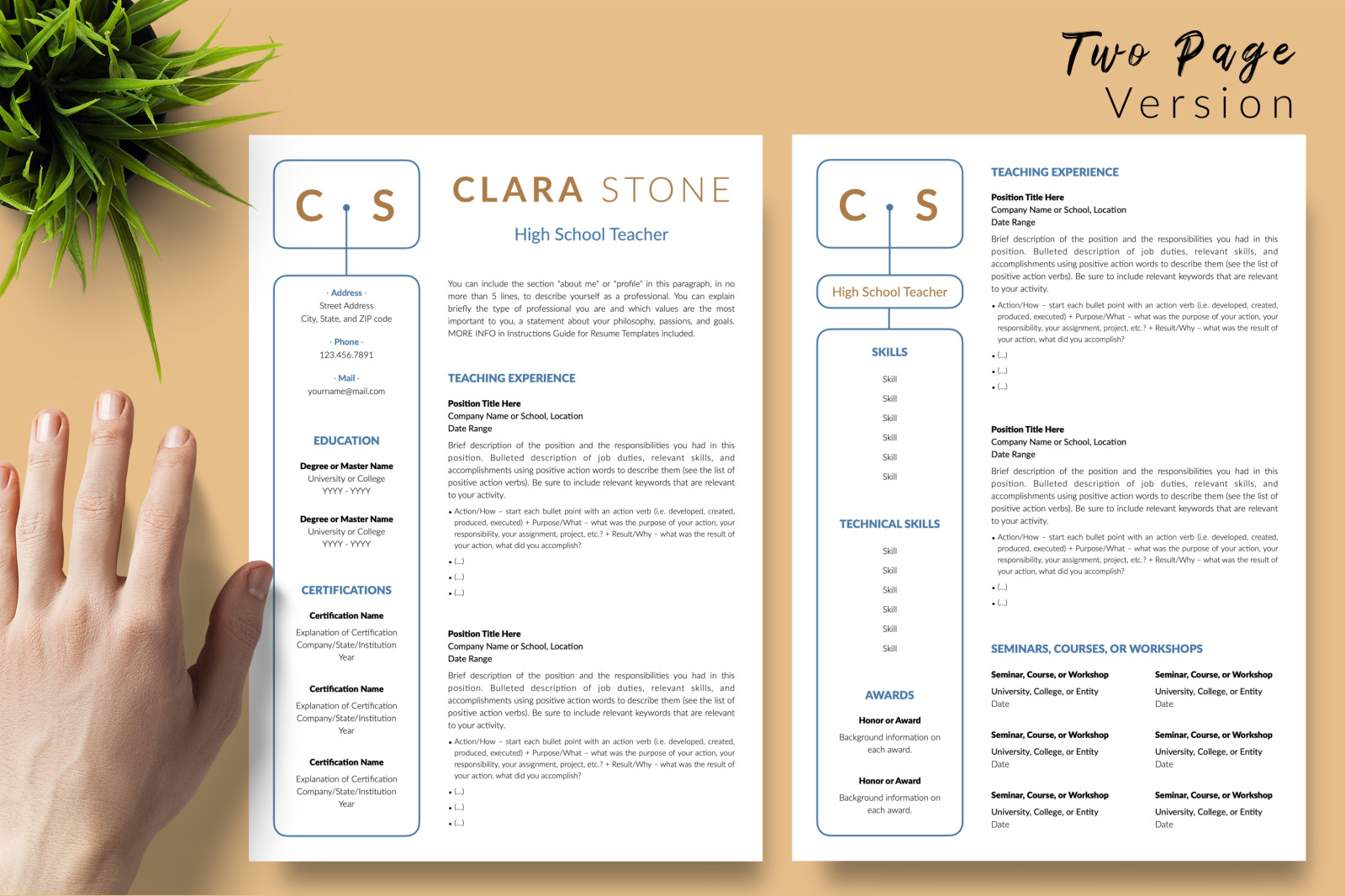 Teacher Resume Template for Microsoft Word &amp; Apple Pages // Clara Stone CV Design Template